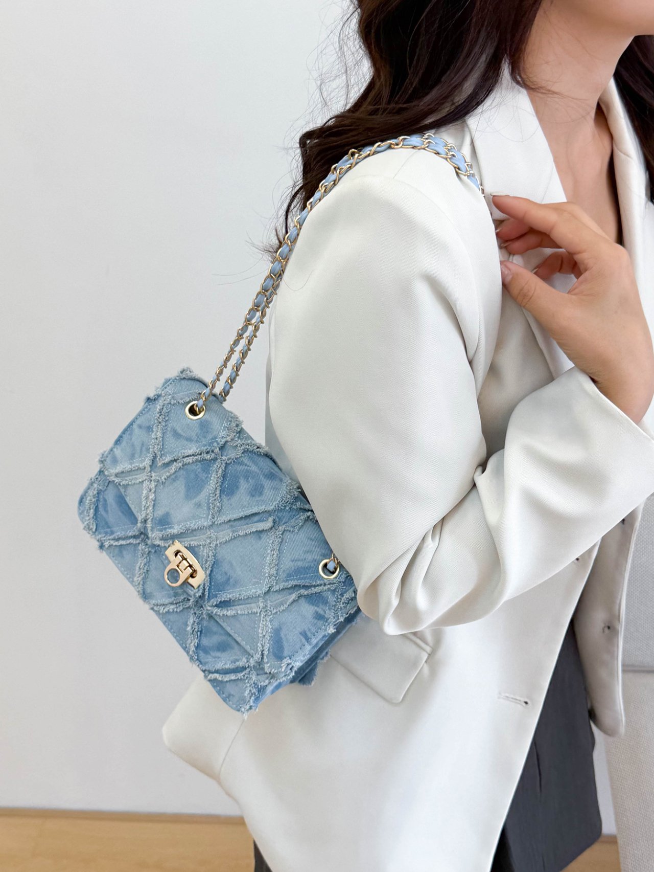 Blue Denim Crossbody Bag with Chain Strap