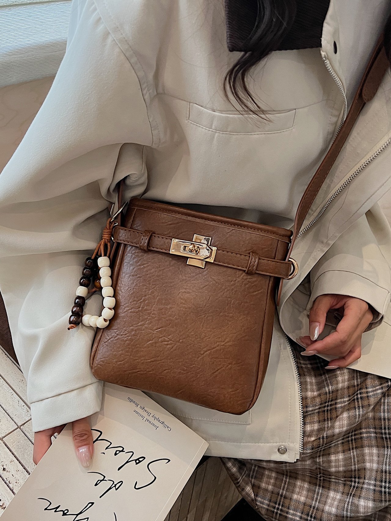 Khaki Crossbody Bag with Charm