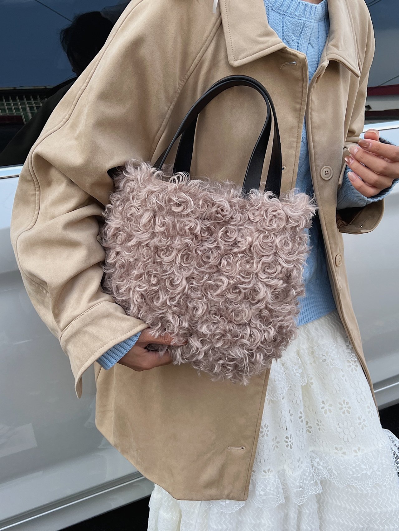 Khaki Faux Fur Tote Bag