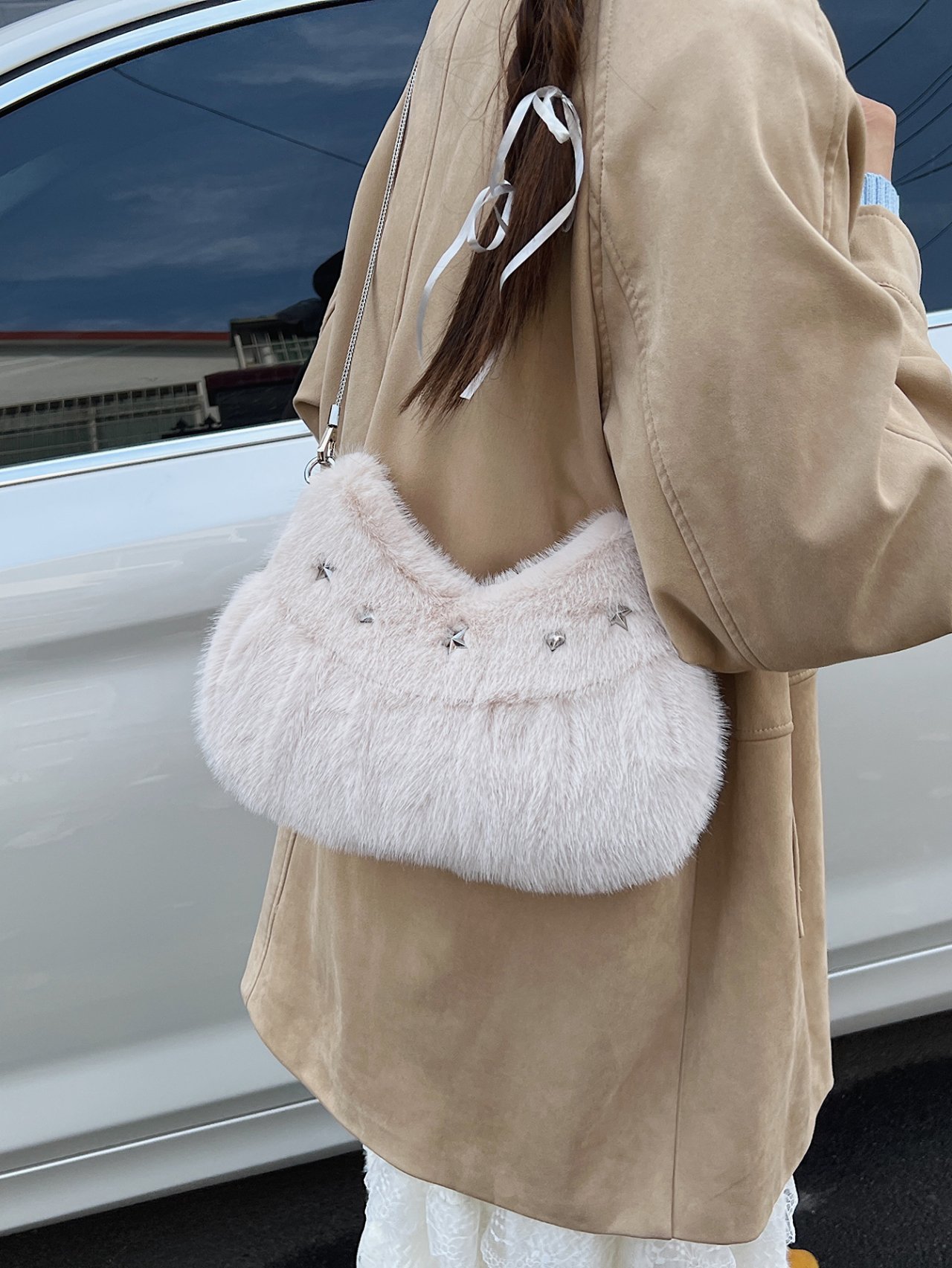 Khaki Faux Fur Star Stud Crossbody Bag