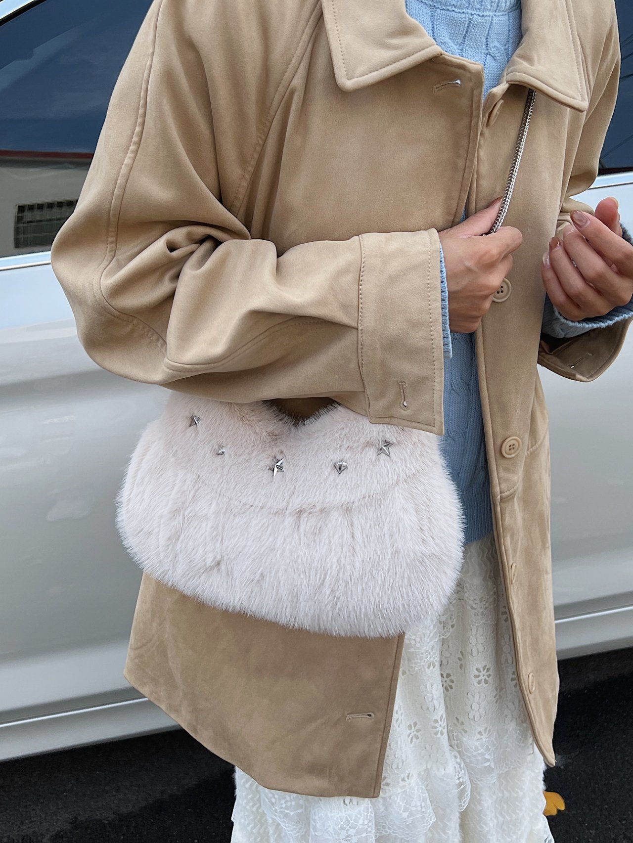 Khaki Faux Fur Star Stud Crossbody Bag