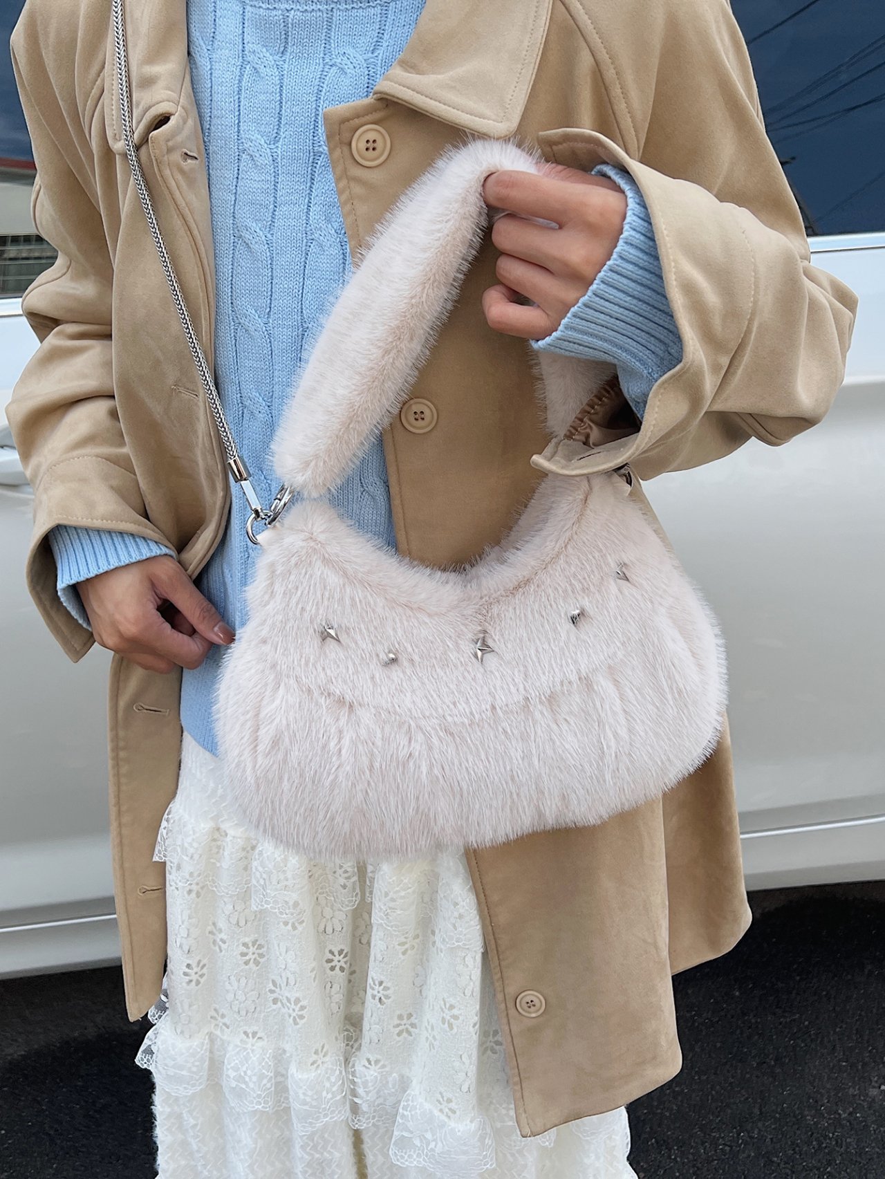 Khaki Faux Fur Star Stud Crossbody Bag