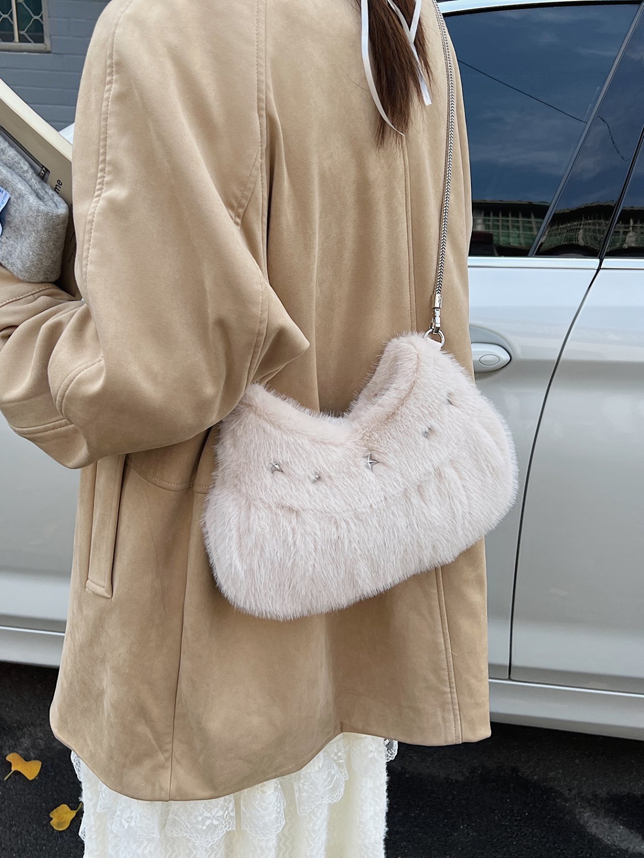 Khaki Faux Fur Star Stud Crossbody Bag