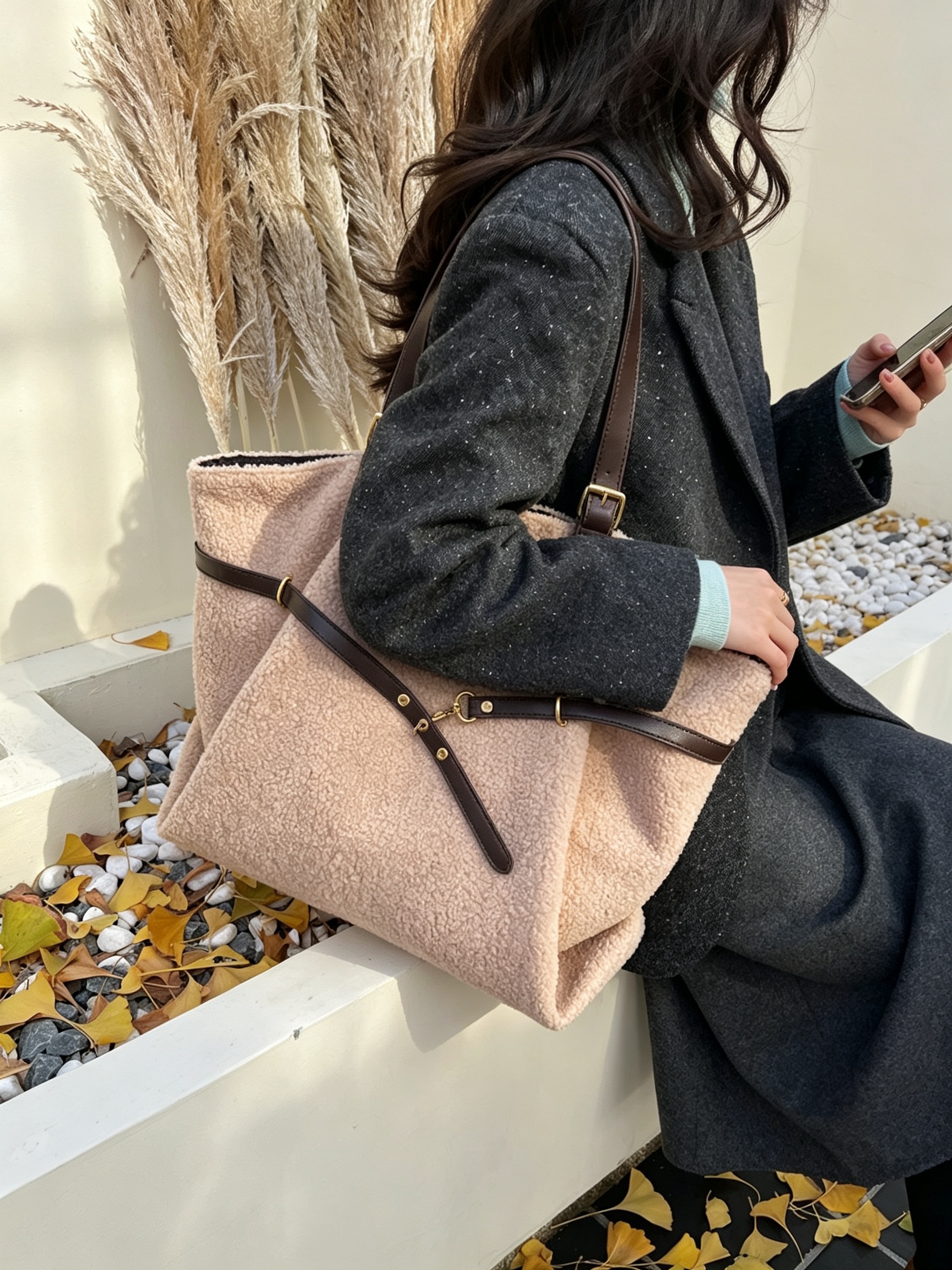 Khaki Faux Shearling Shoulder Bag with Straps
