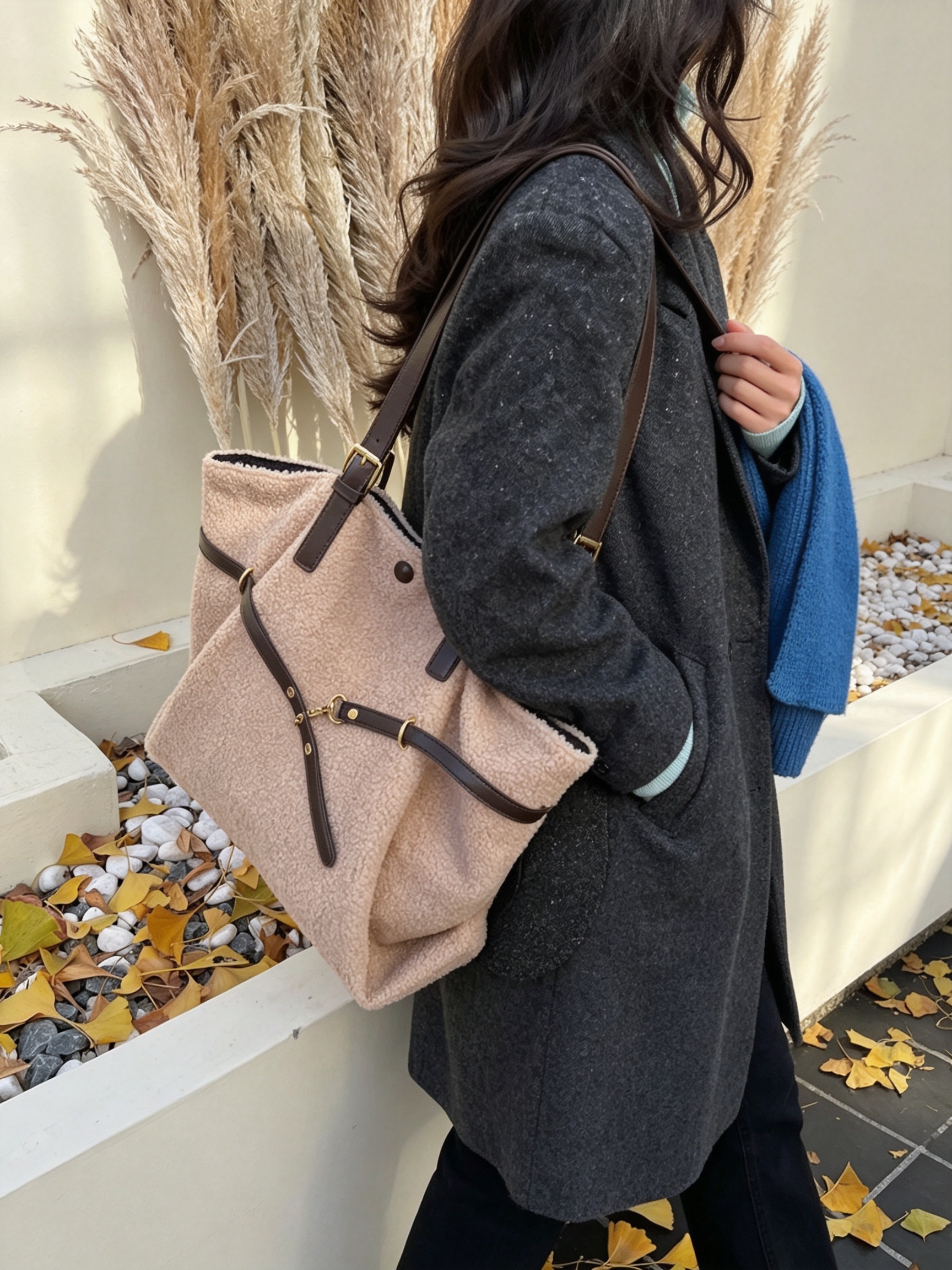 Khaki Faux Shearling Shoulder Bag with Straps