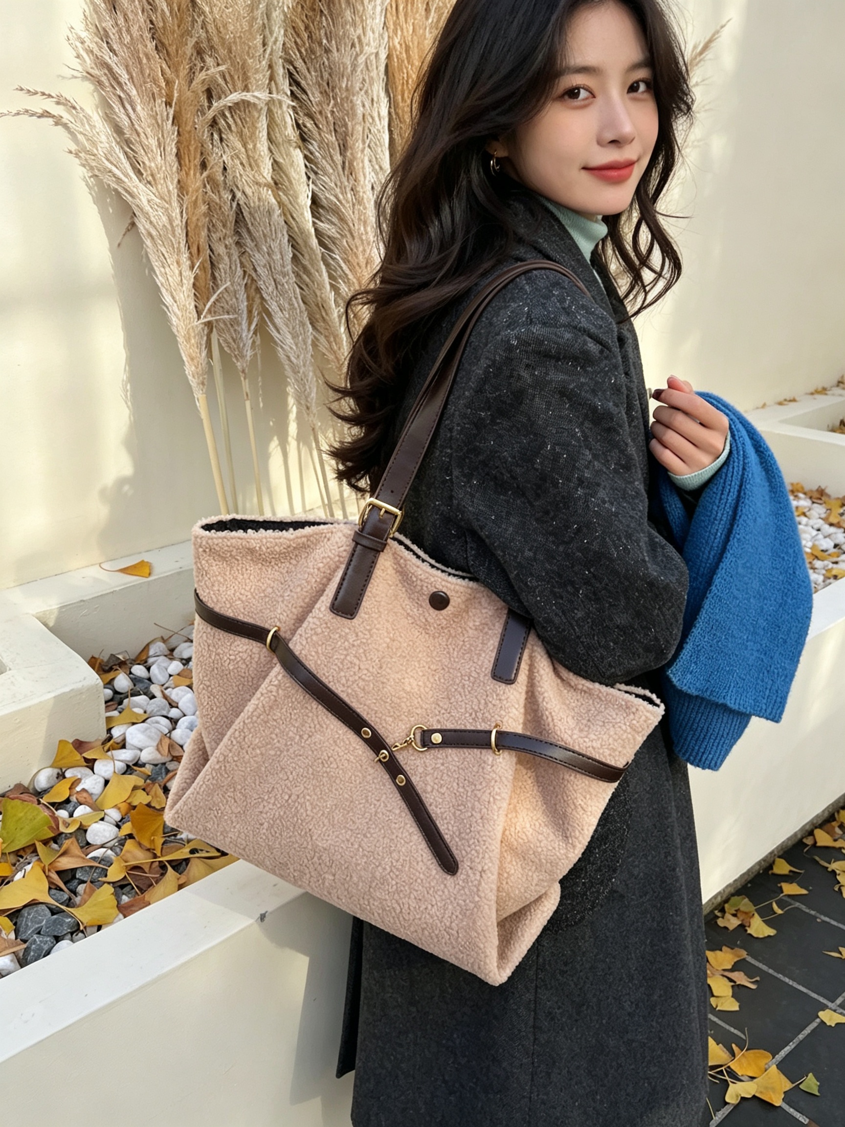 Khaki Faux Shearling Shoulder Bag with Straps
