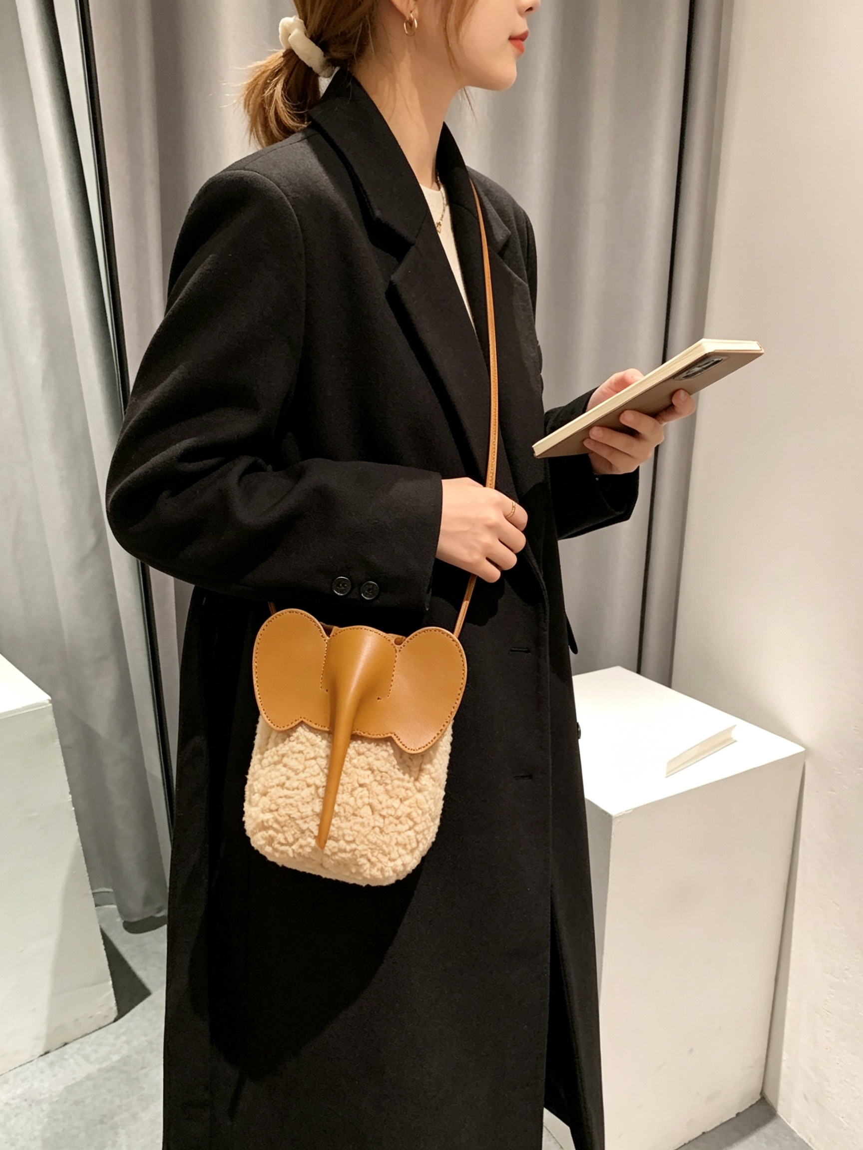 Khaki Elephant Plush Crossbody Bag