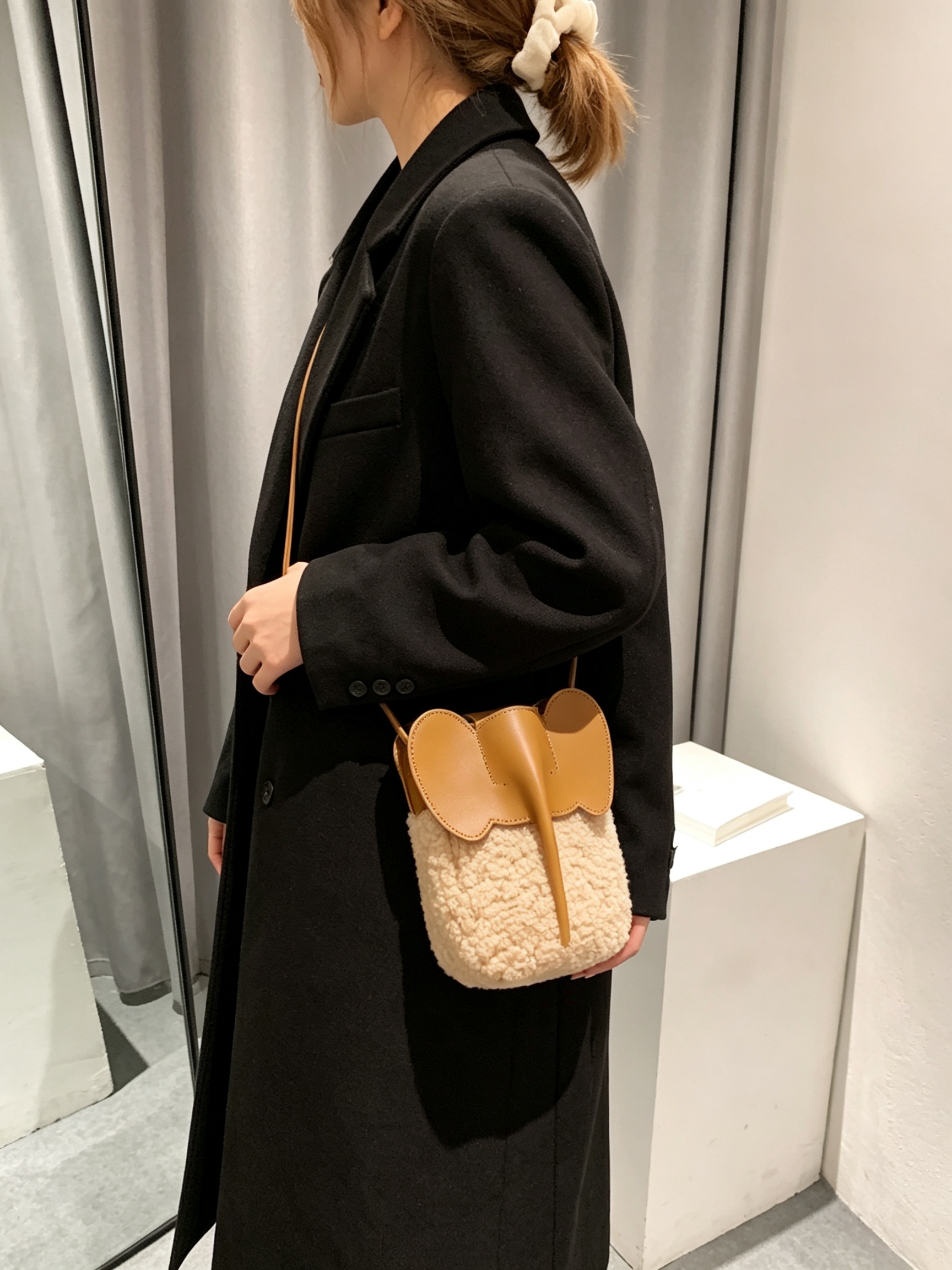 Khaki Elephant Plush Crossbody Bag