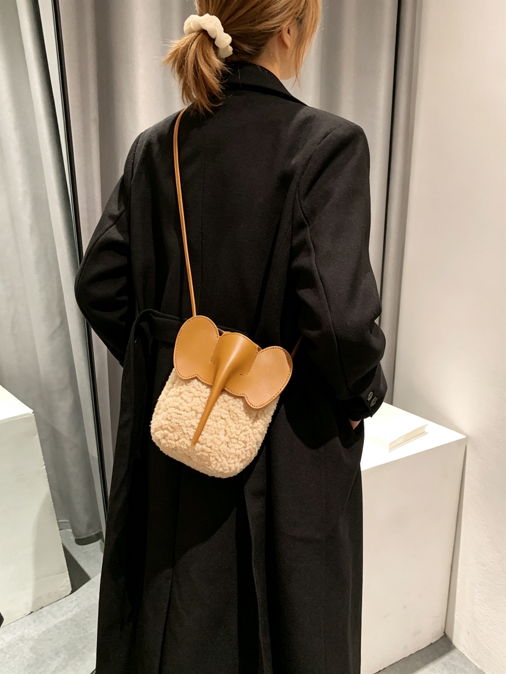 Khaki Elephant Plush Crossbody Bag