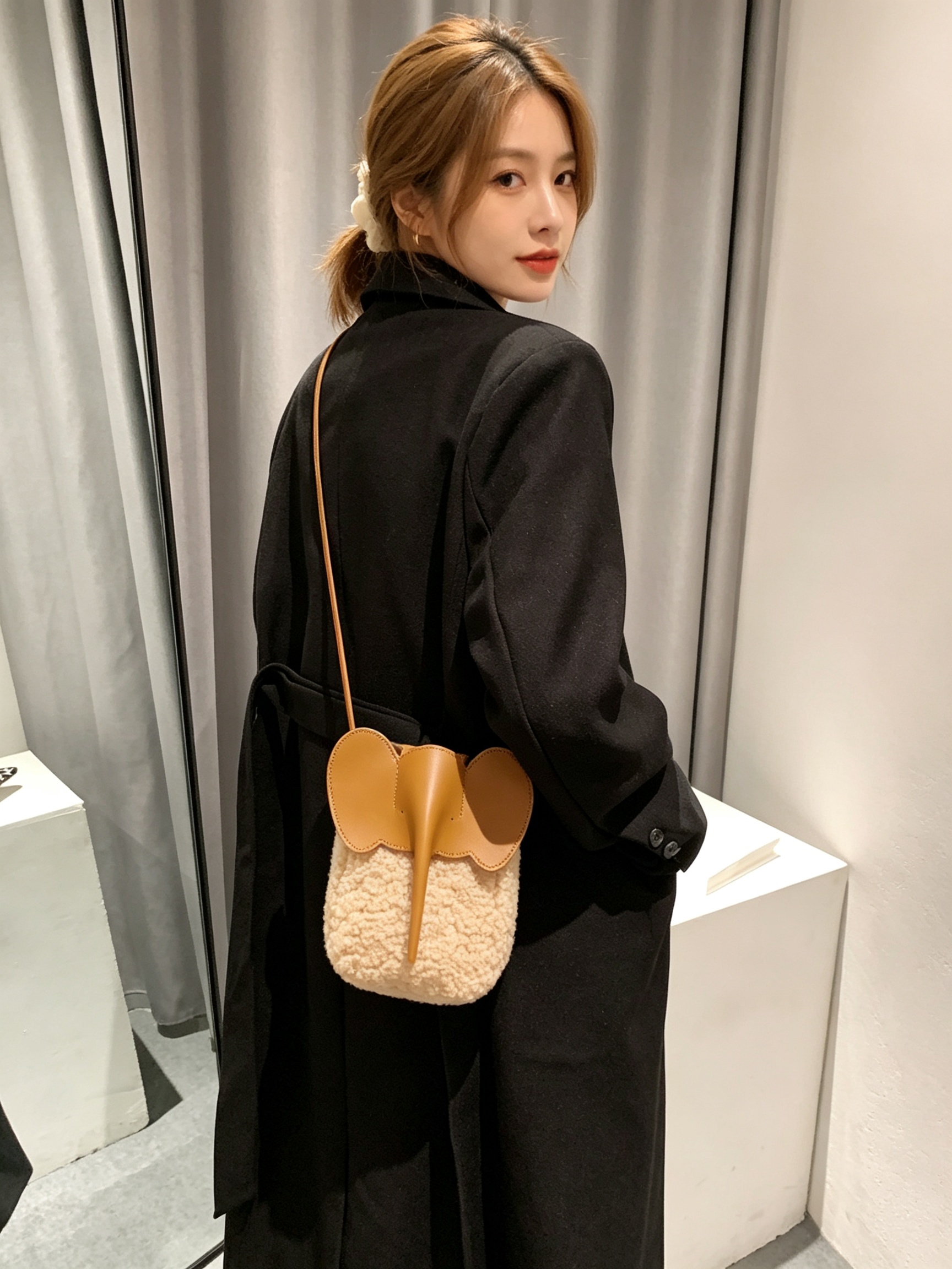 Khaki Elephant Plush Crossbody Bag
