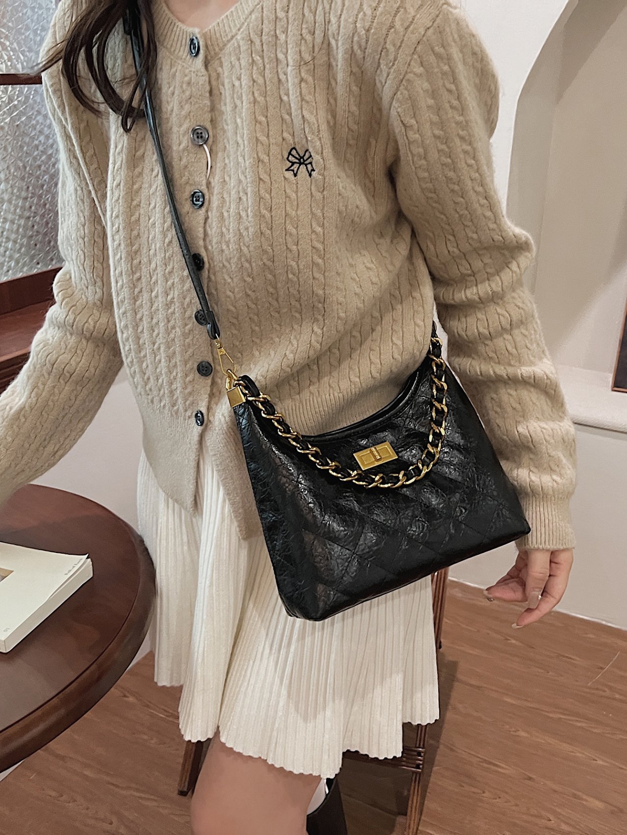 Black Quilted Shoulder Bag with Chain Strap - Versatile and Elegant
