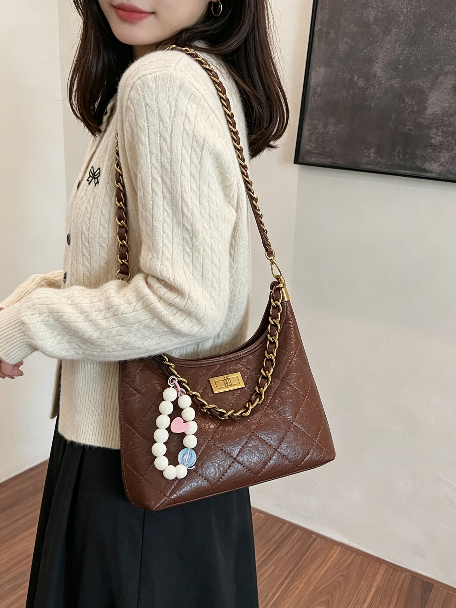 Brown Quilted Hobo Crossbody Bag with Chain Strap