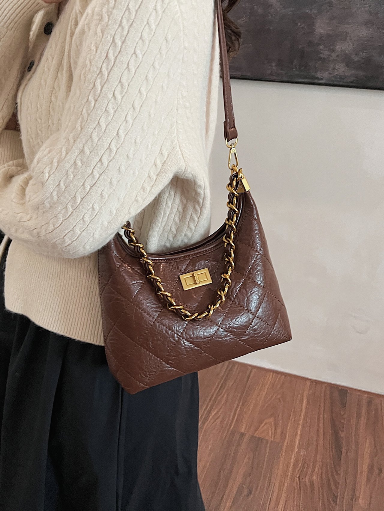 Brown Quilted Hobo Crossbody Bag with Chain Strap