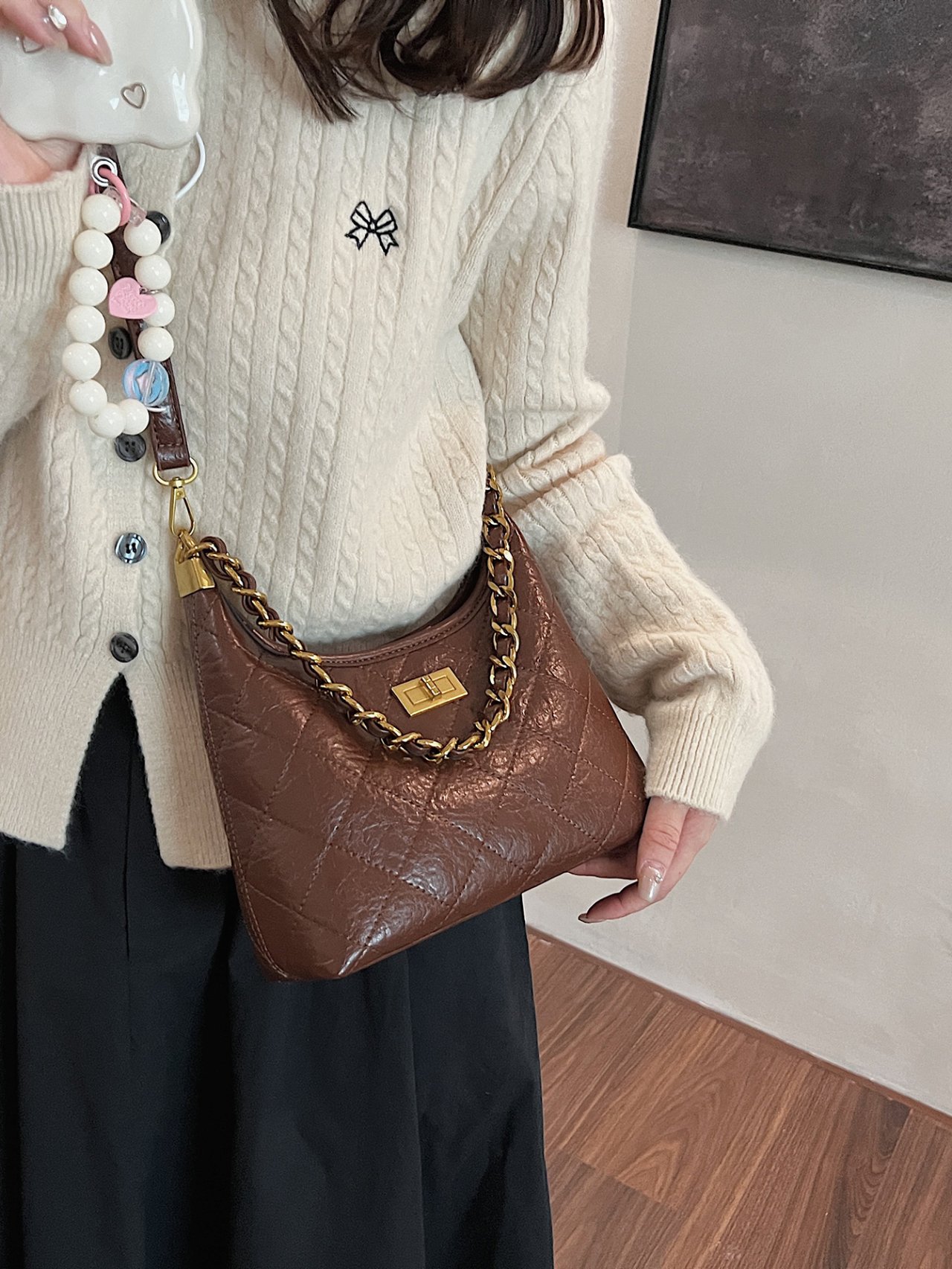 Brown Quilted Hobo Crossbody Bag with Chain Strap