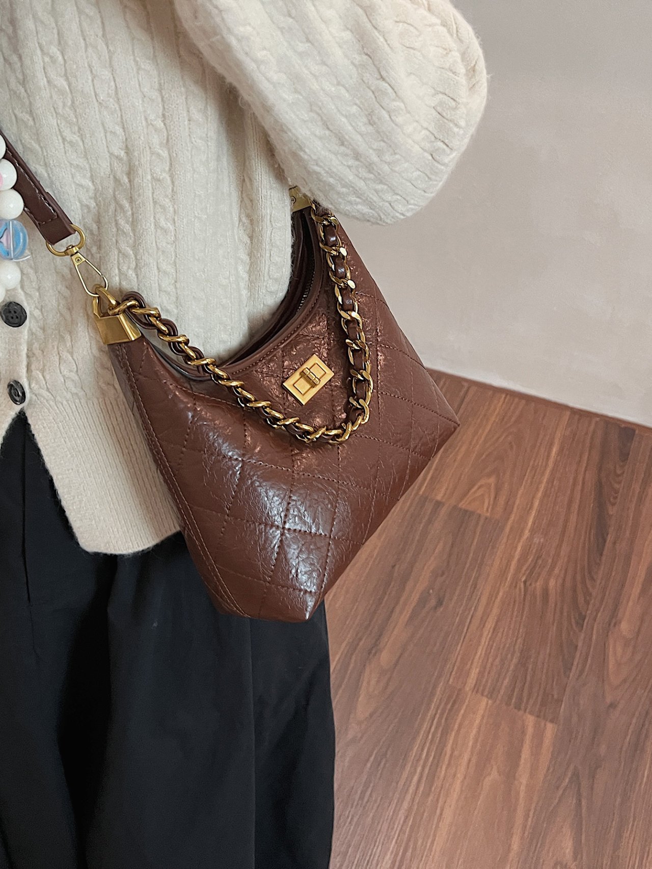 Brown Quilted Hobo Crossbody Bag with Chain Strap