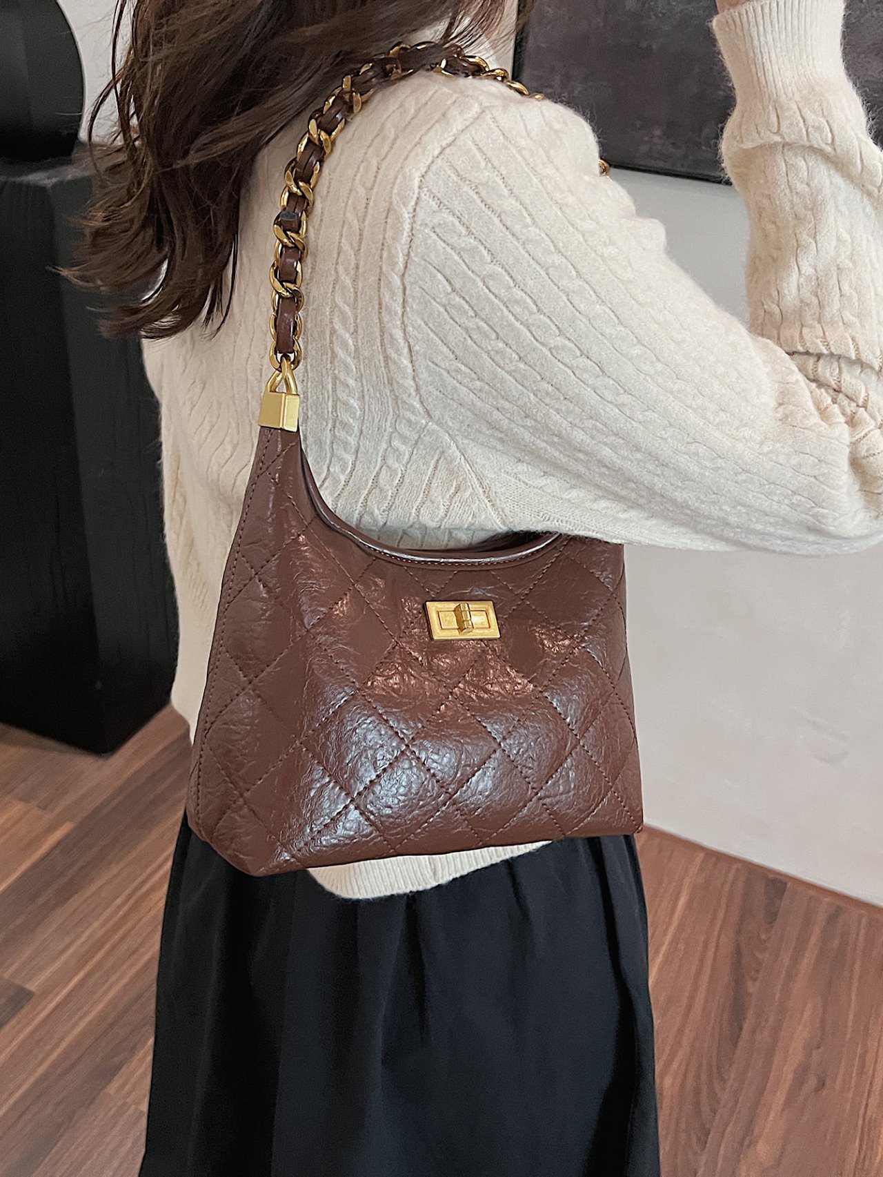 Brown Quilted Hobo Crossbody Bag with Chain Strap