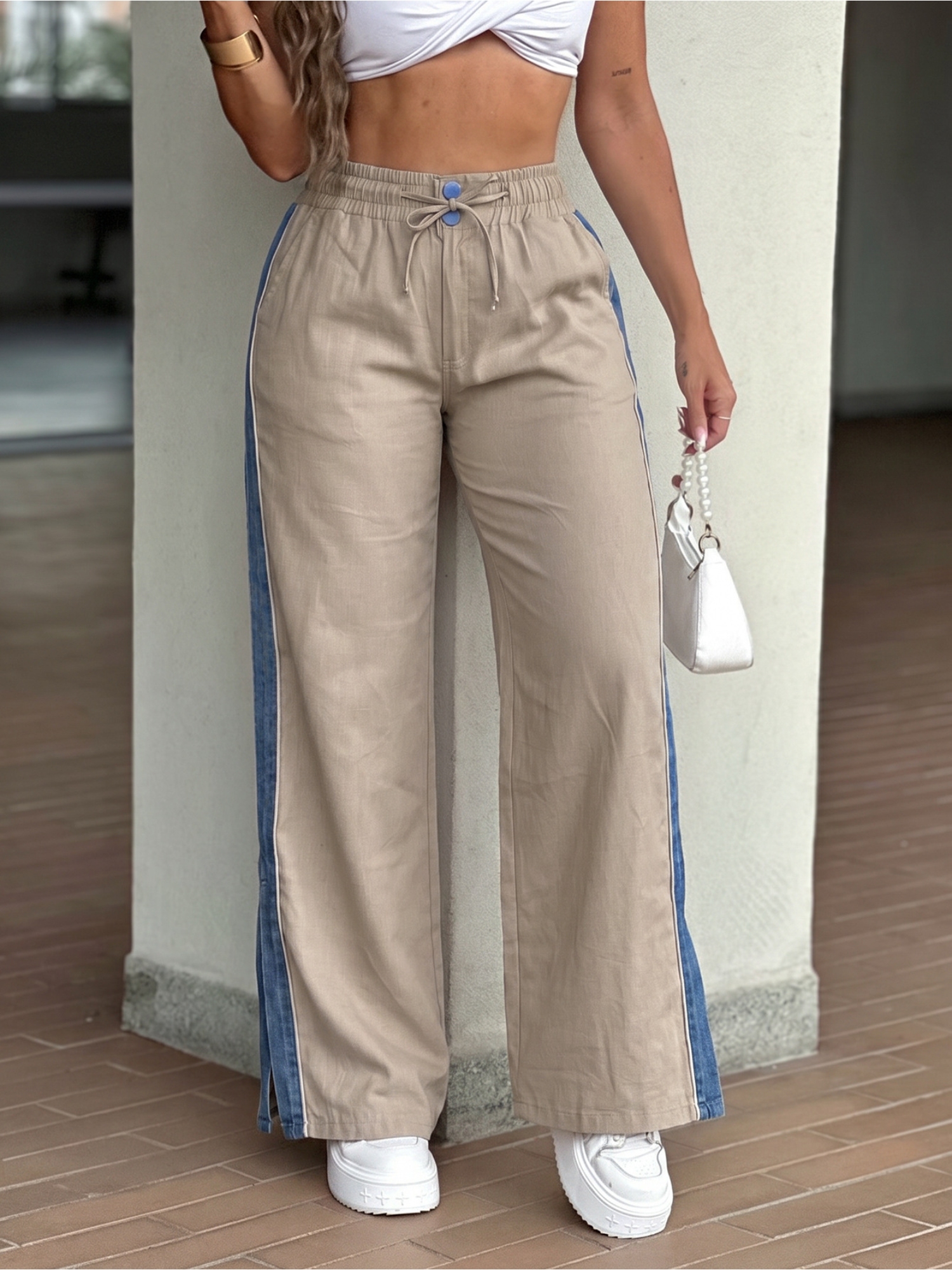 Beige Wide-Leg Drawstring Trousers with Side Stripe