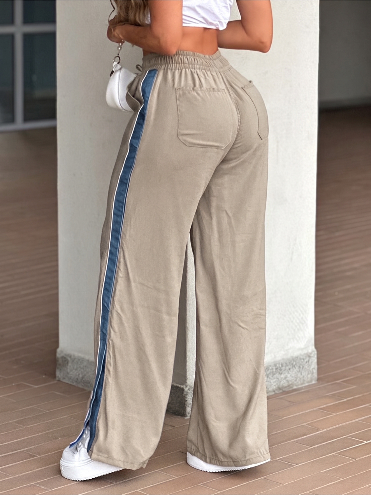 Beige Wide-Leg Drawstring Trousers with Side Stripe