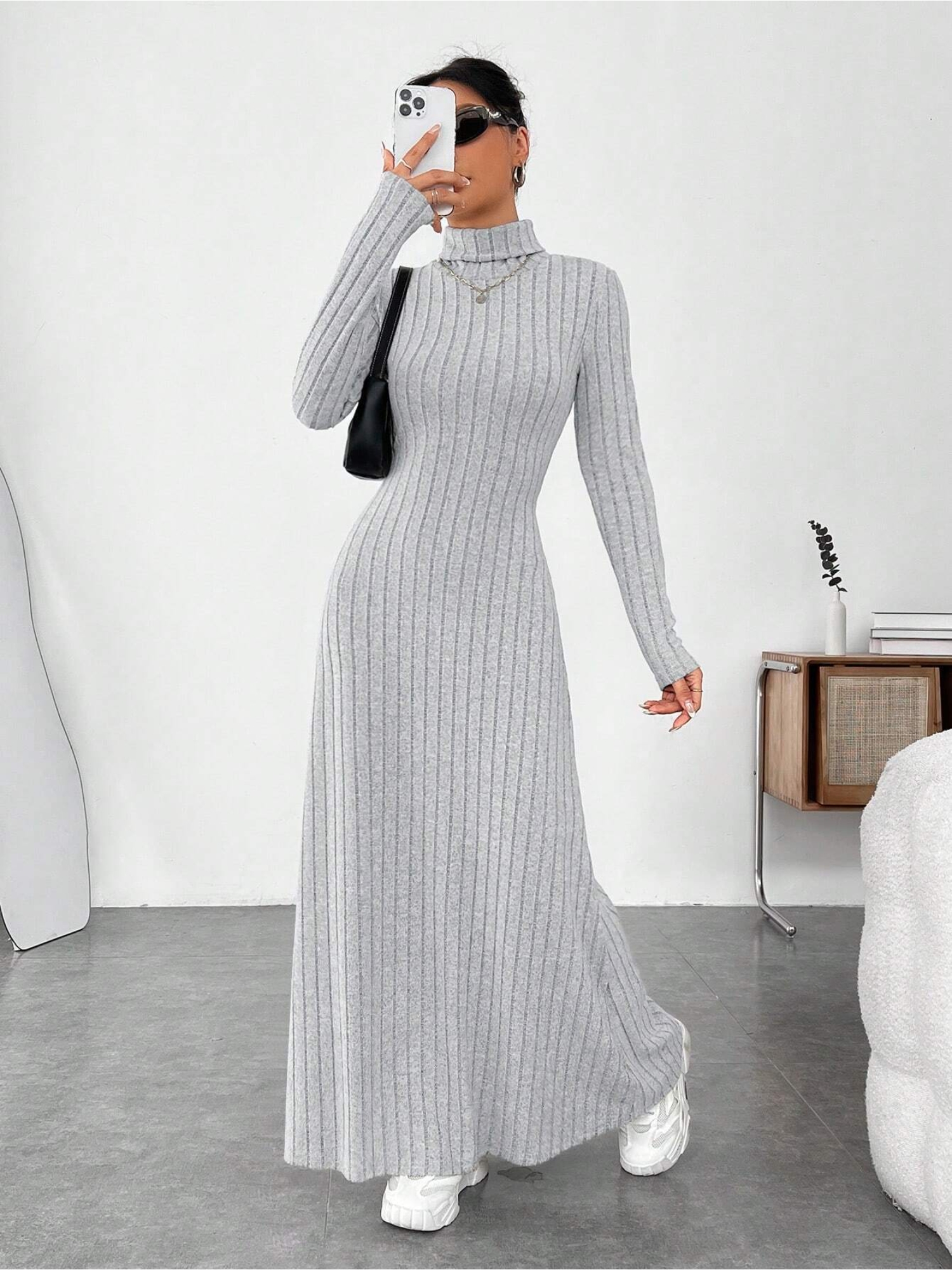Grey Ribbed Bodycon Maxi Dress with Long Sleeves