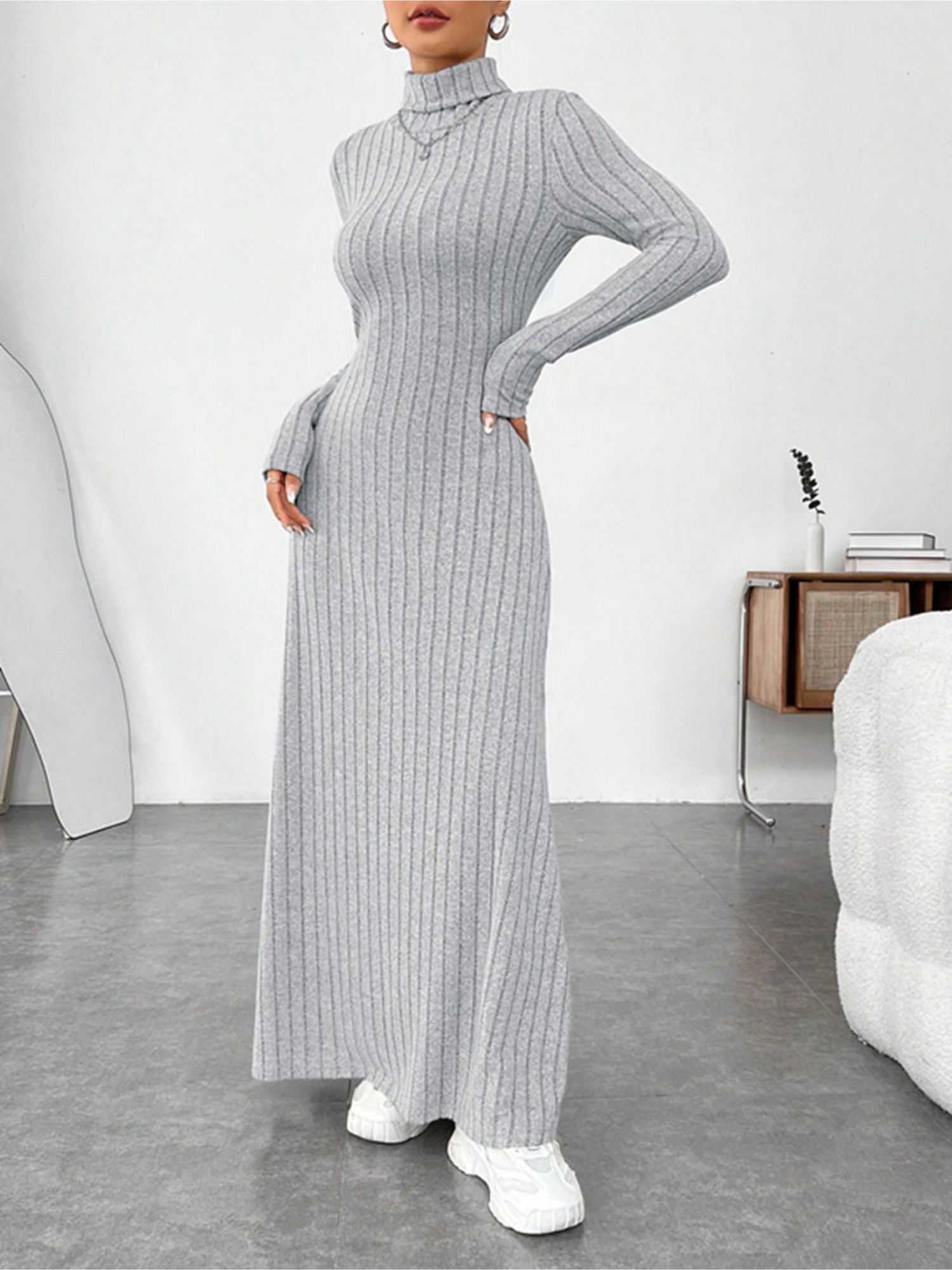 Grey Ribbed Bodycon Maxi Dress with Long Sleeves