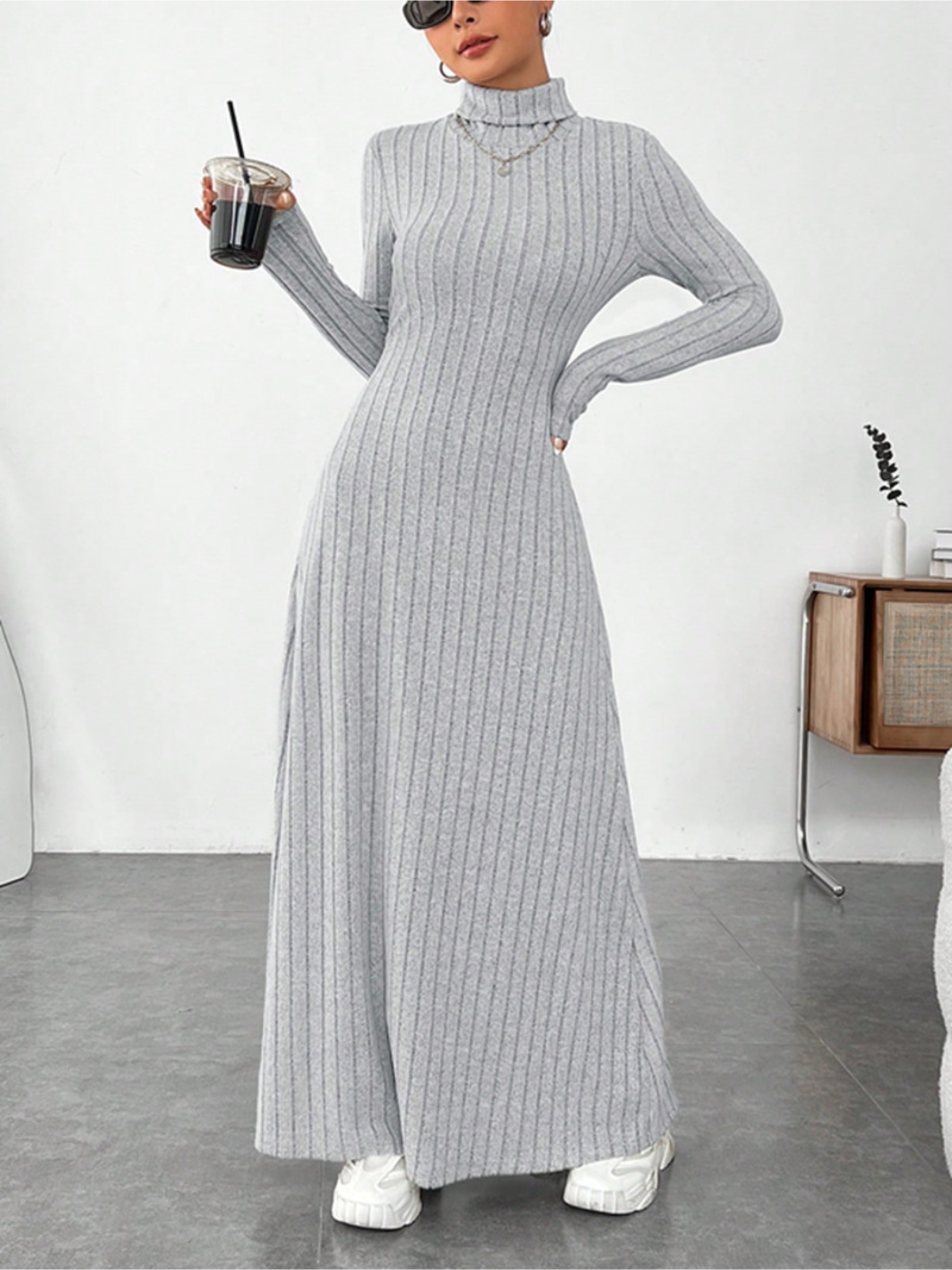 Grey Ribbed Bodycon Maxi Dress with Long Sleeves