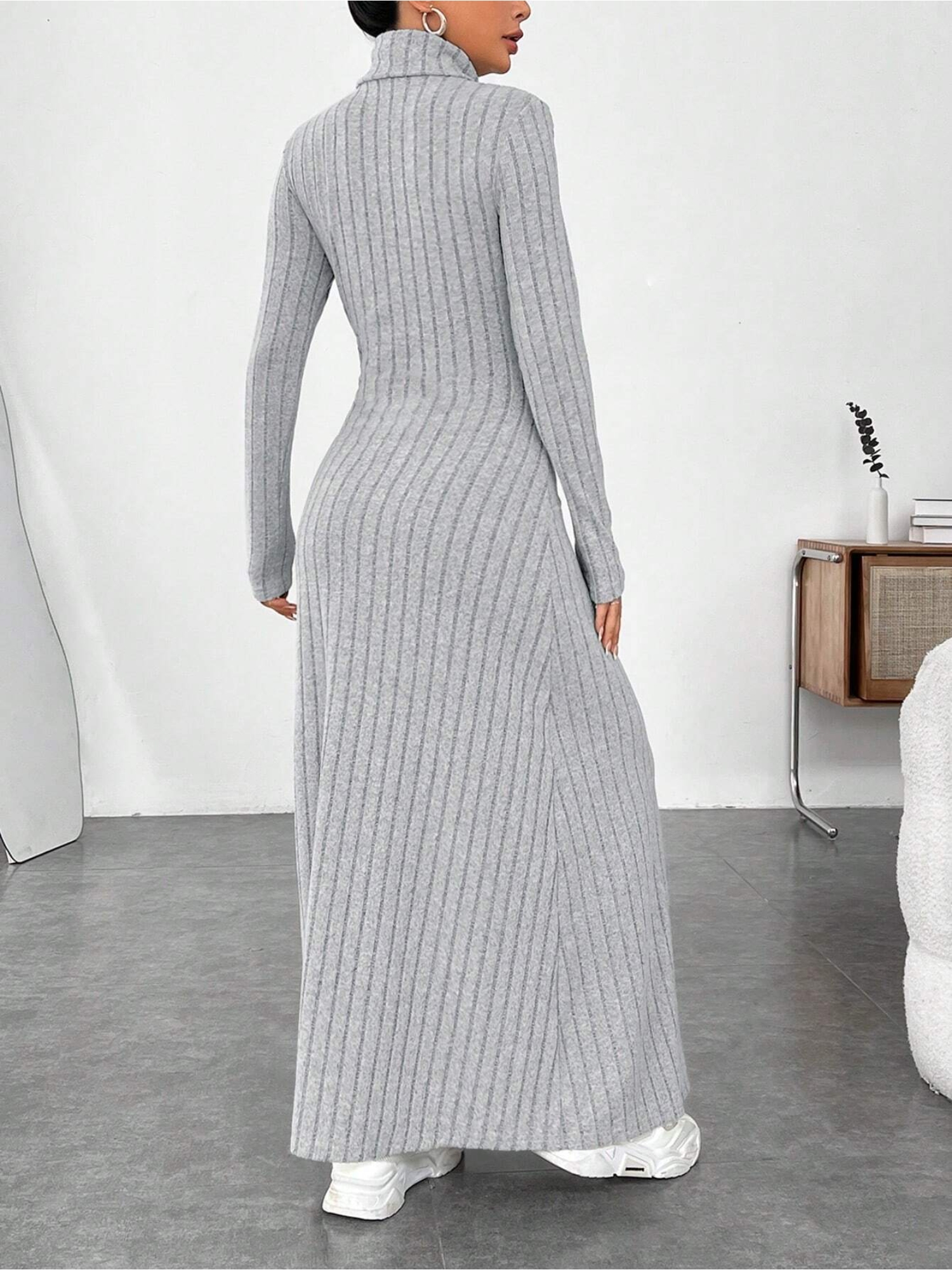 Grey Ribbed Bodycon Maxi Dress with Long Sleeves