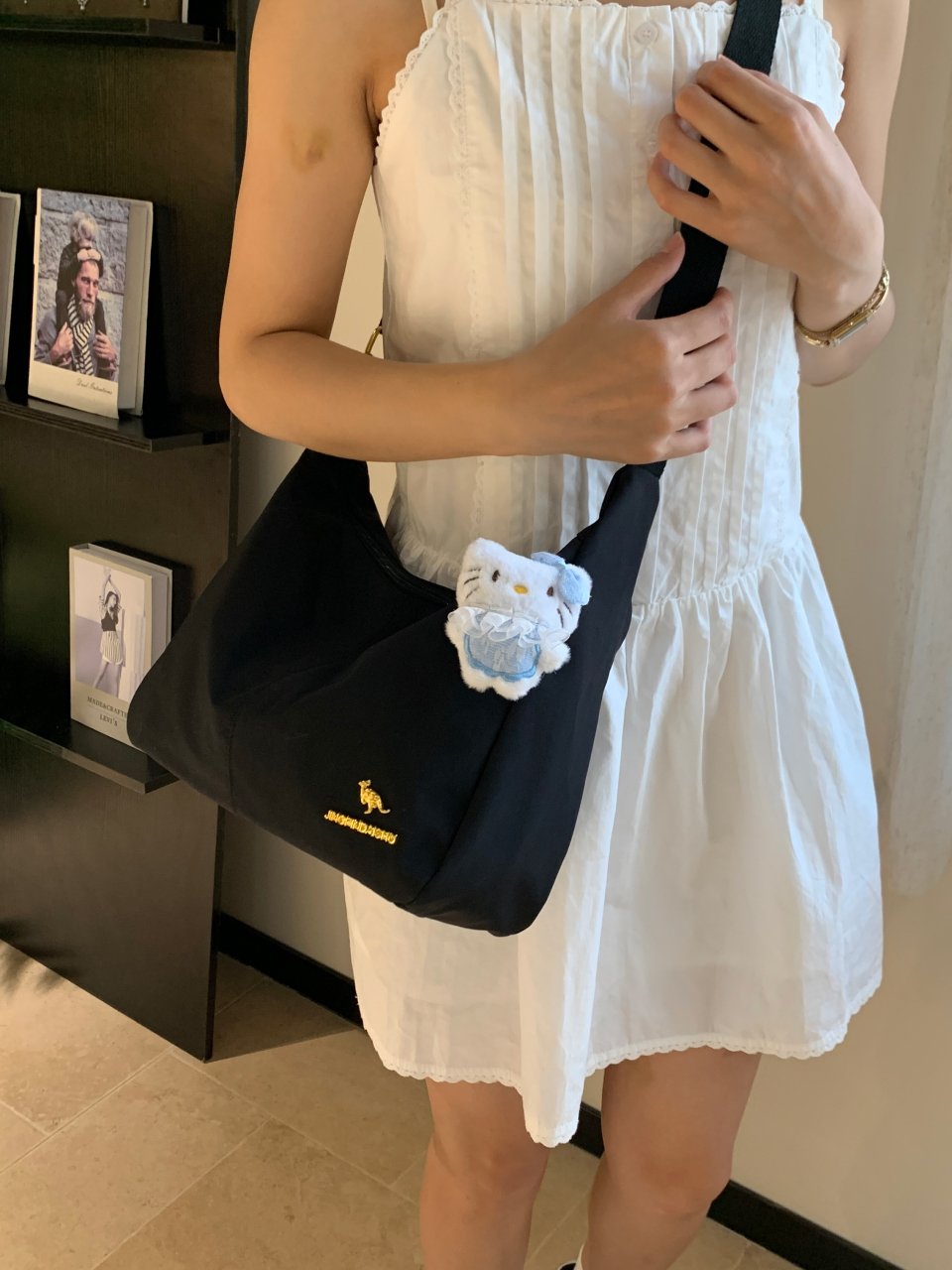 Black Hobo Shoulder Bag with Kangaroo Embroidery