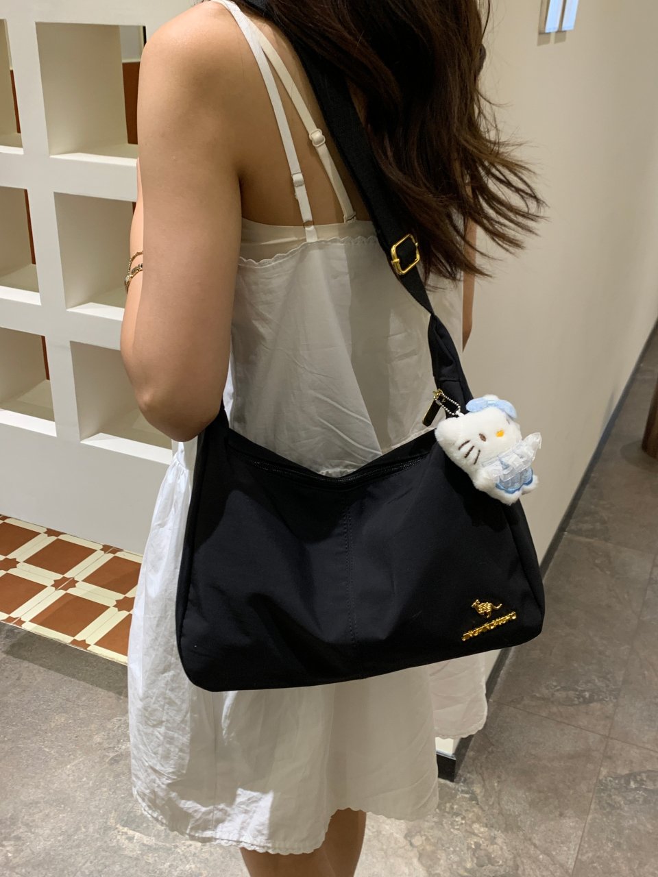 Black Hobo Shoulder Bag with Kangaroo Embroidery