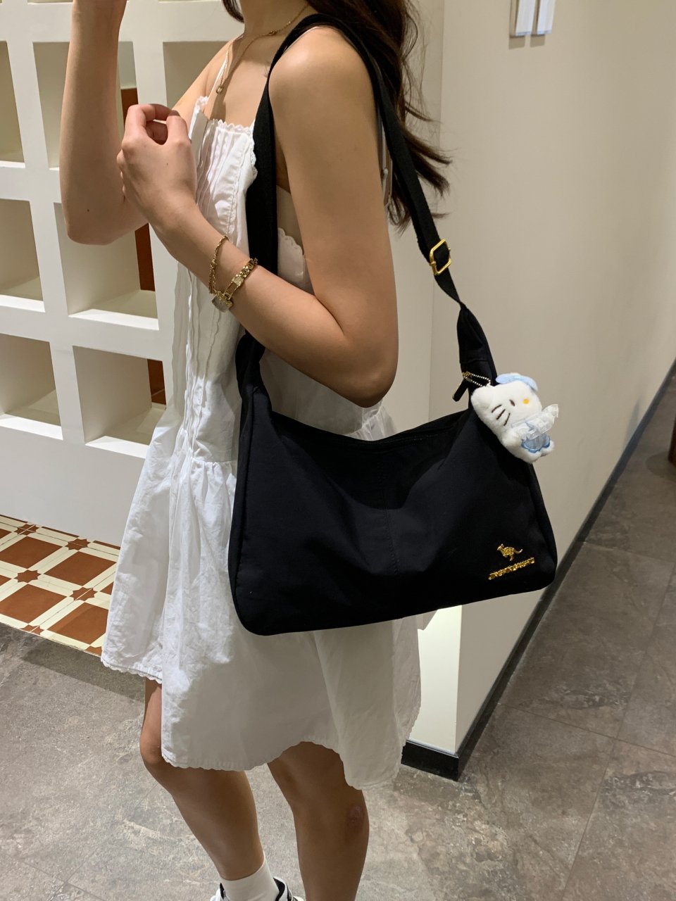 Black Hobo Shoulder Bag with Kangaroo Embroidery