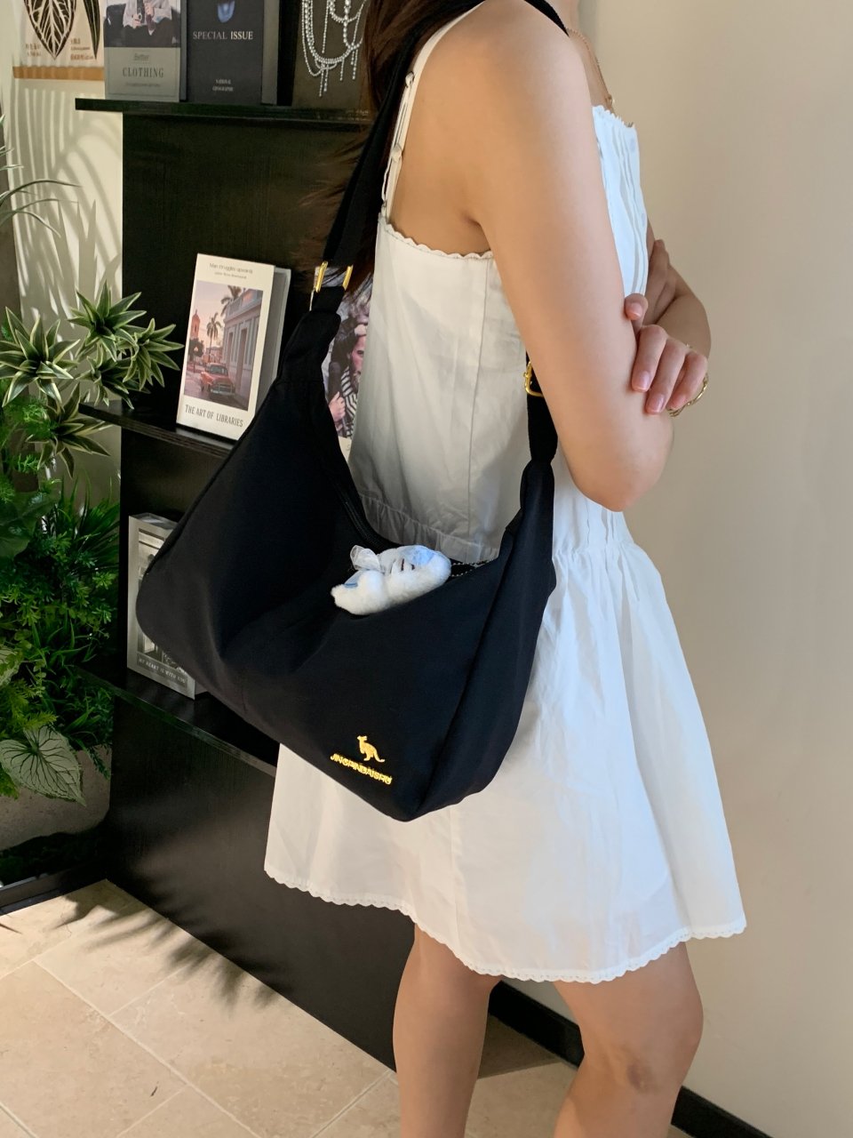 Black Hobo Shoulder Bag with Kangaroo Embroidery