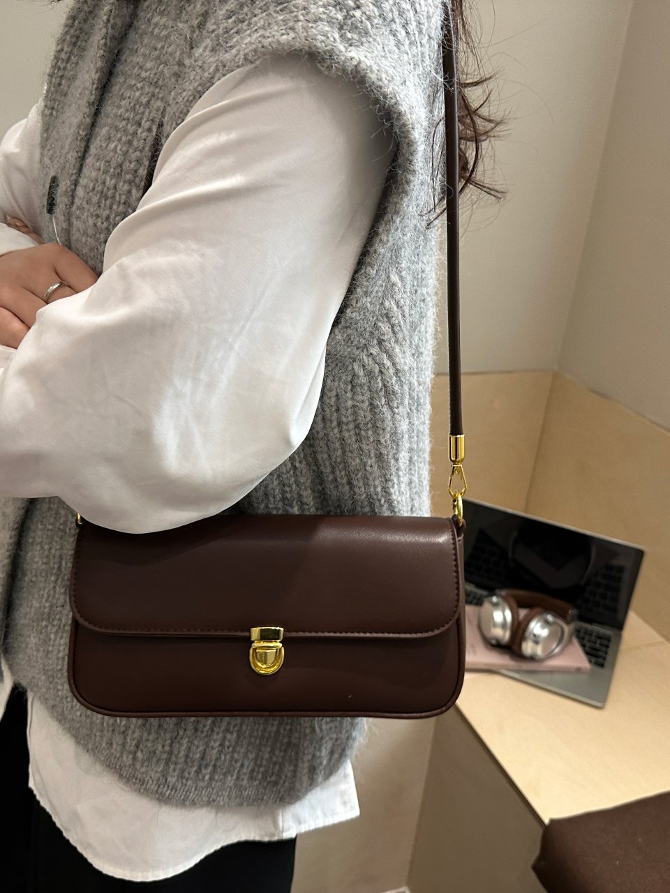 Coffee Brown Flap Shoulder Bag
