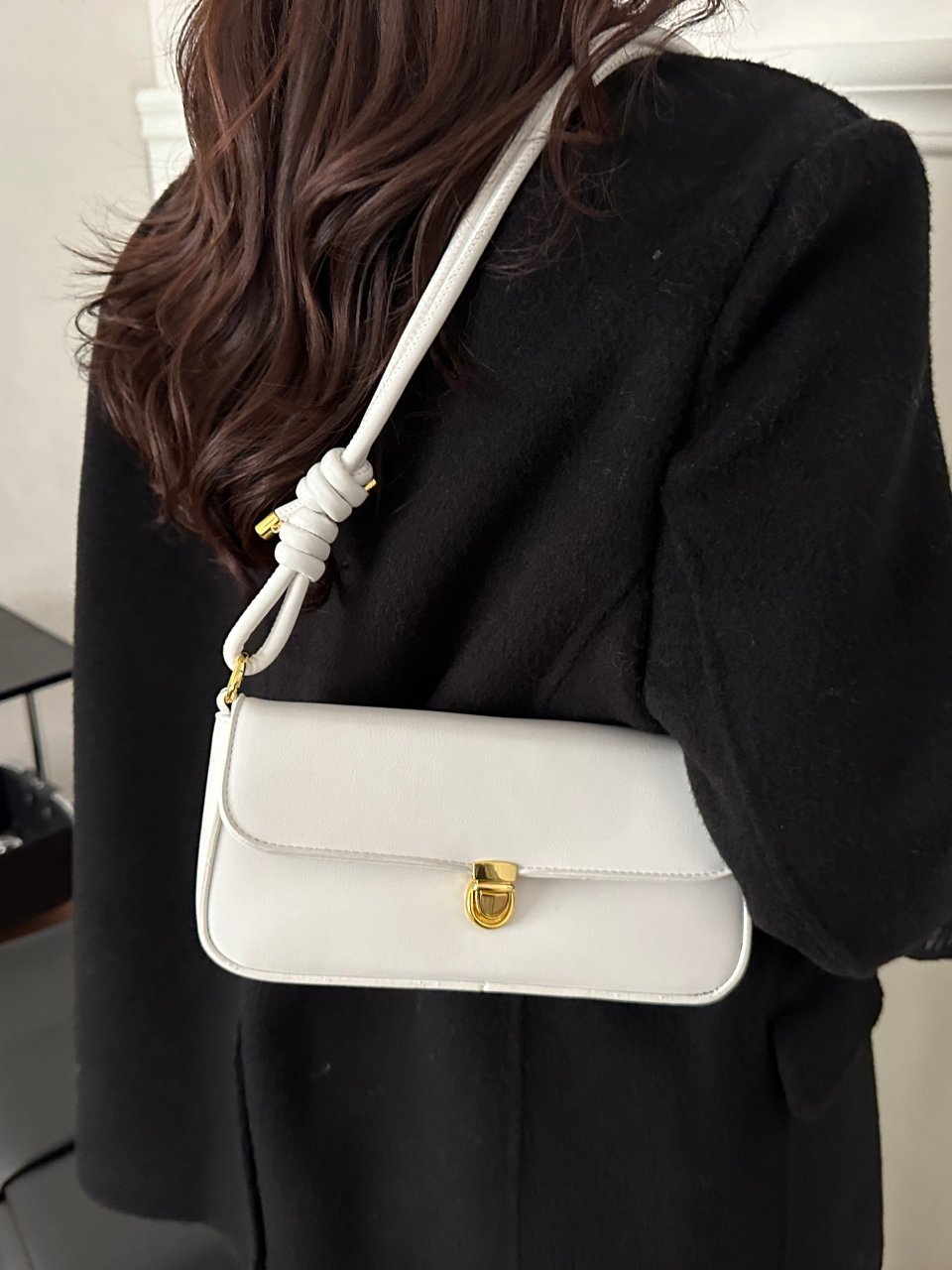 White Shoulder Bag with Gold Clasp
