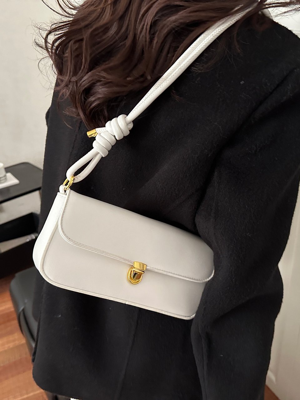 White Shoulder Bag with Gold Clasp
