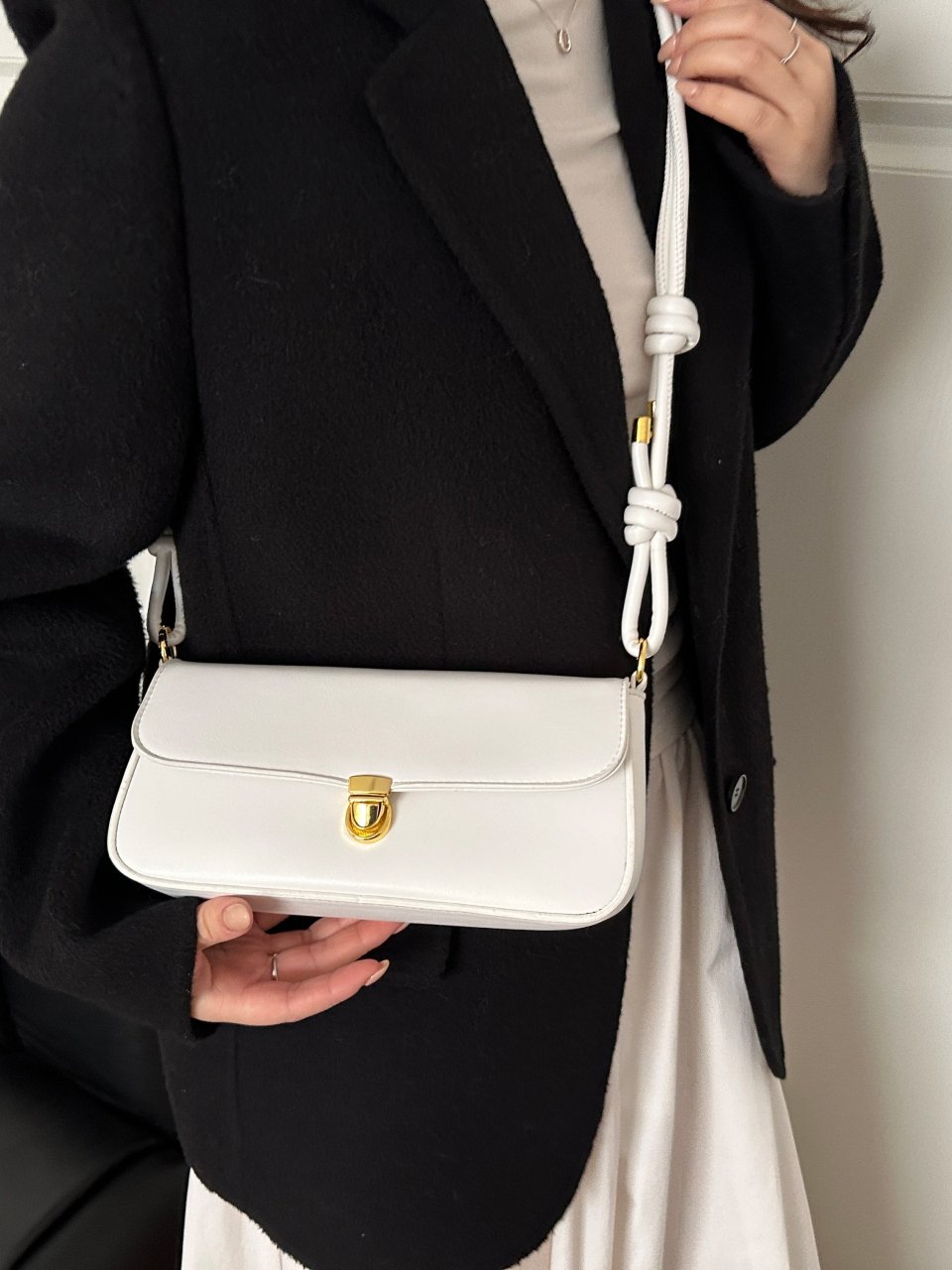 White Shoulder Bag with Gold Clasp