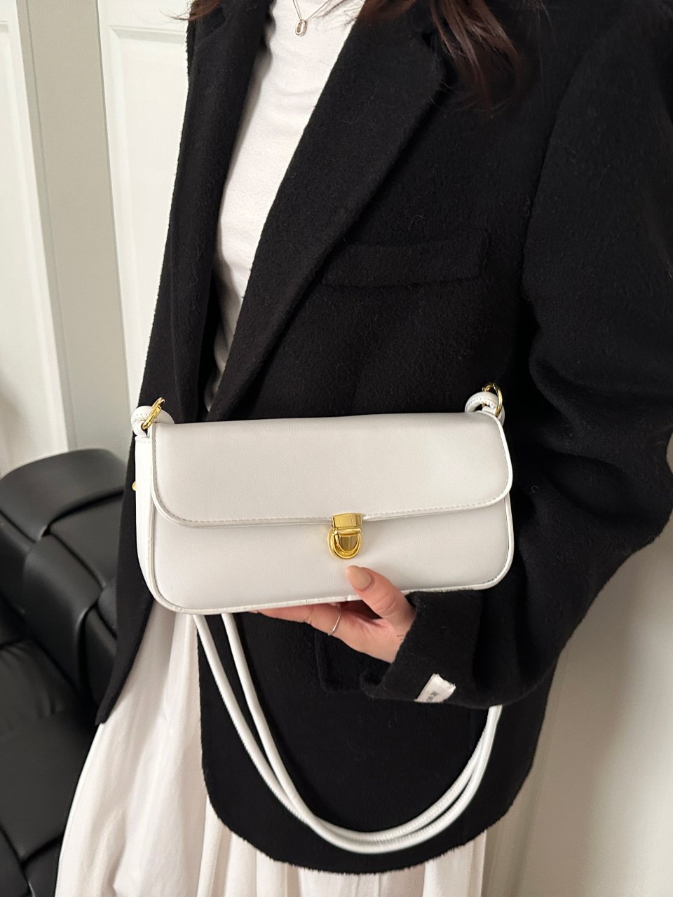 White Shoulder Bag with Gold Clasp