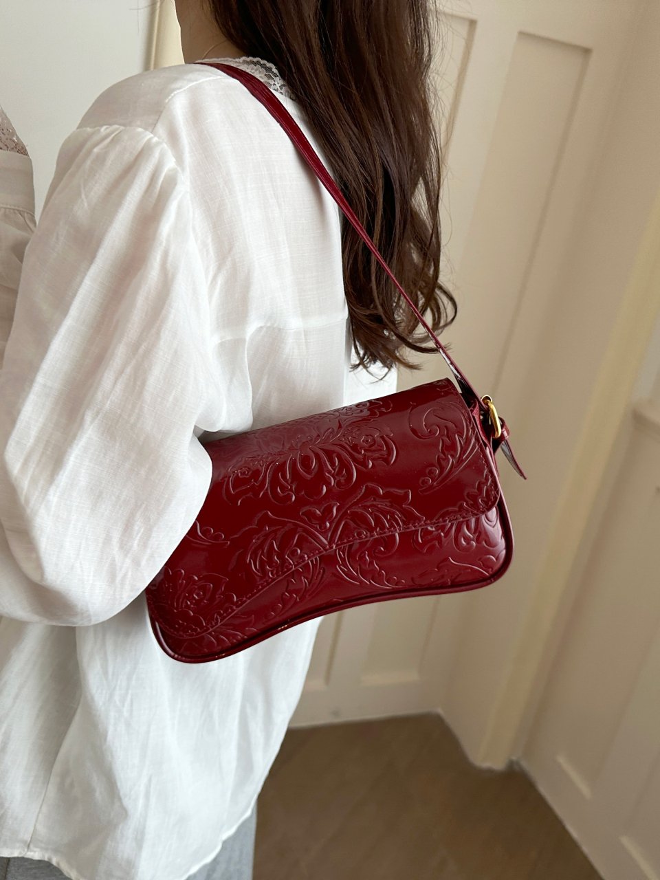 Red Embossed Shoulder Bag