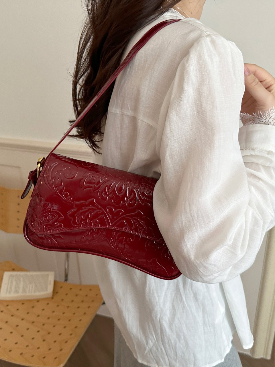 Red Embossed Shoulder Bag