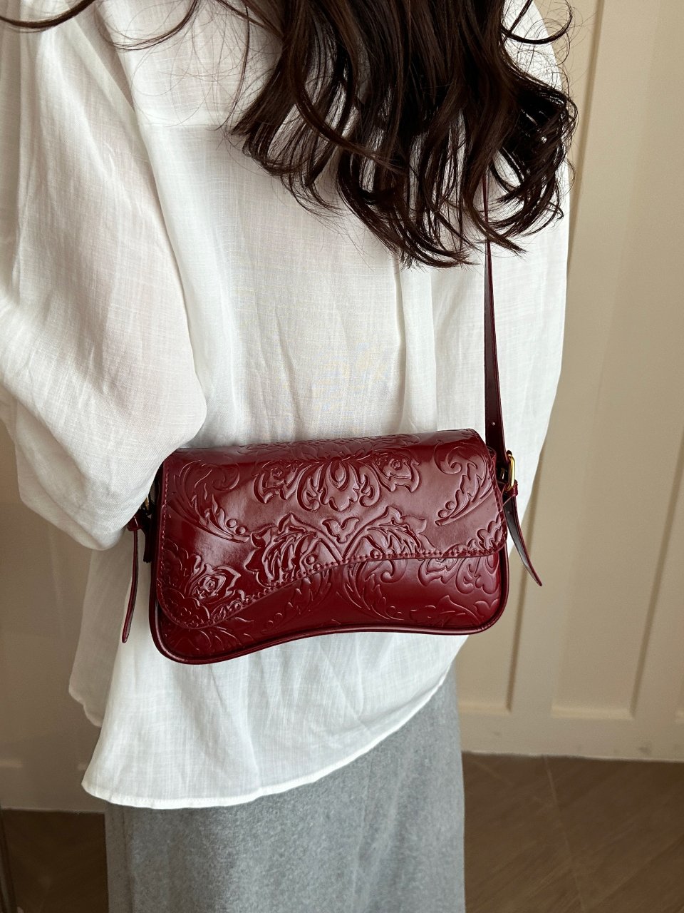 Red Embossed Shoulder Bag