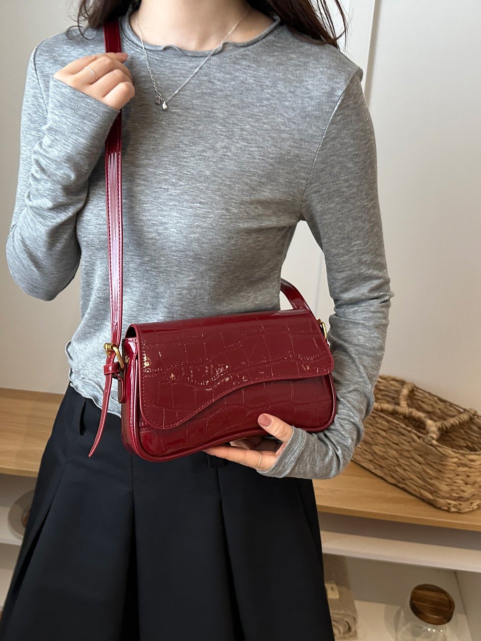 Burgundy Croc-Embossed Shoulder Bag