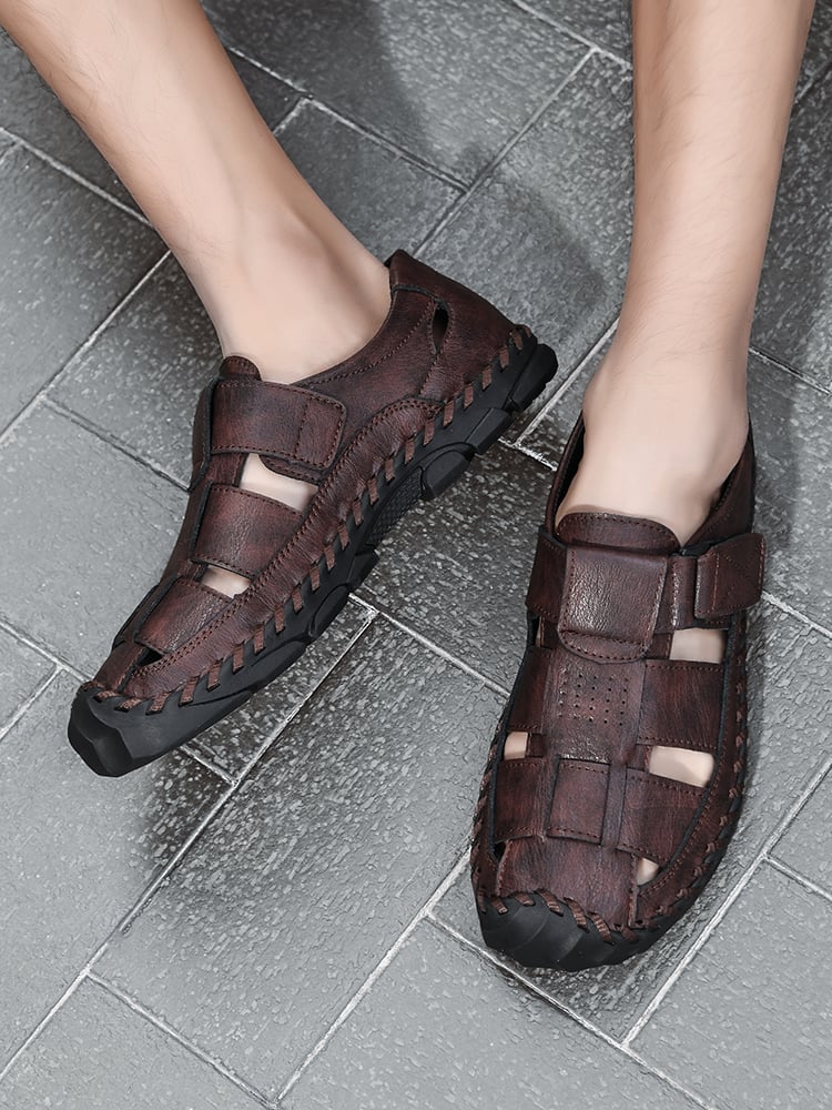 Mens Brown Faux Leather Fisherman Sandals