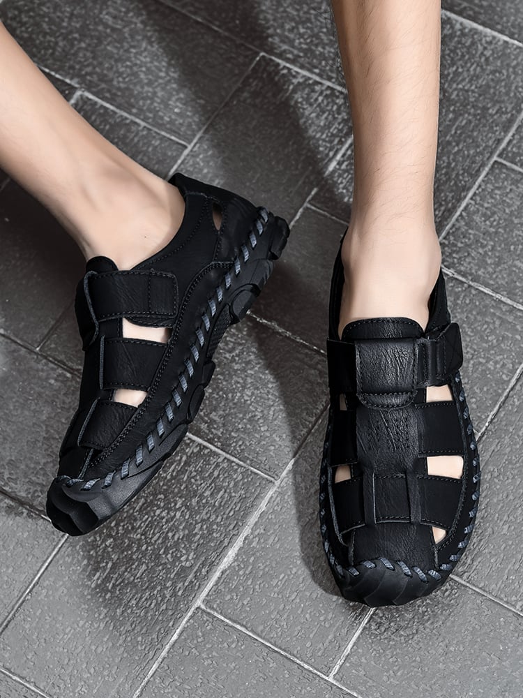 Mens Black Faux Leather Fisherman Sandals