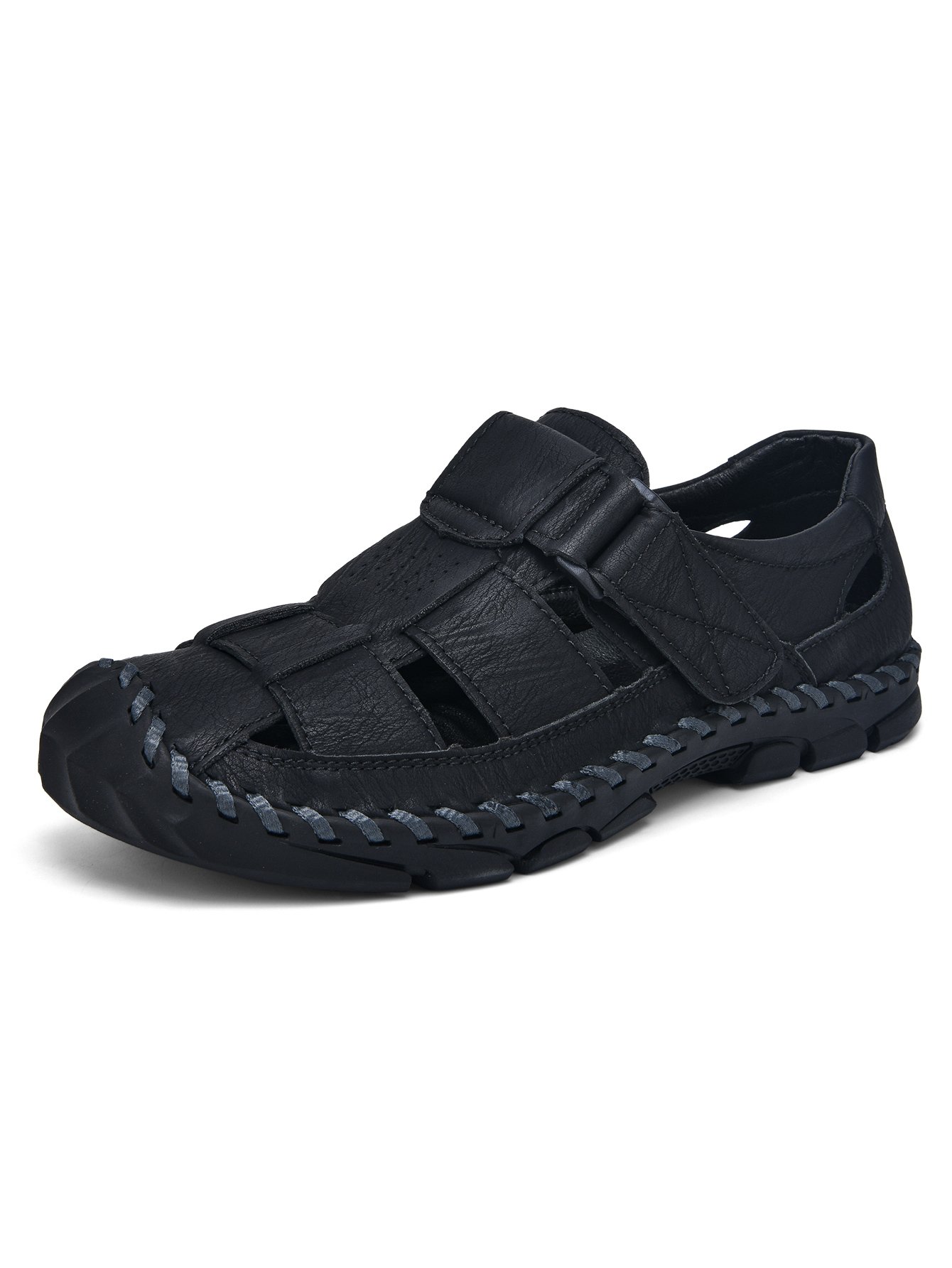 Mens Black Faux Leather Fisherman Sandals