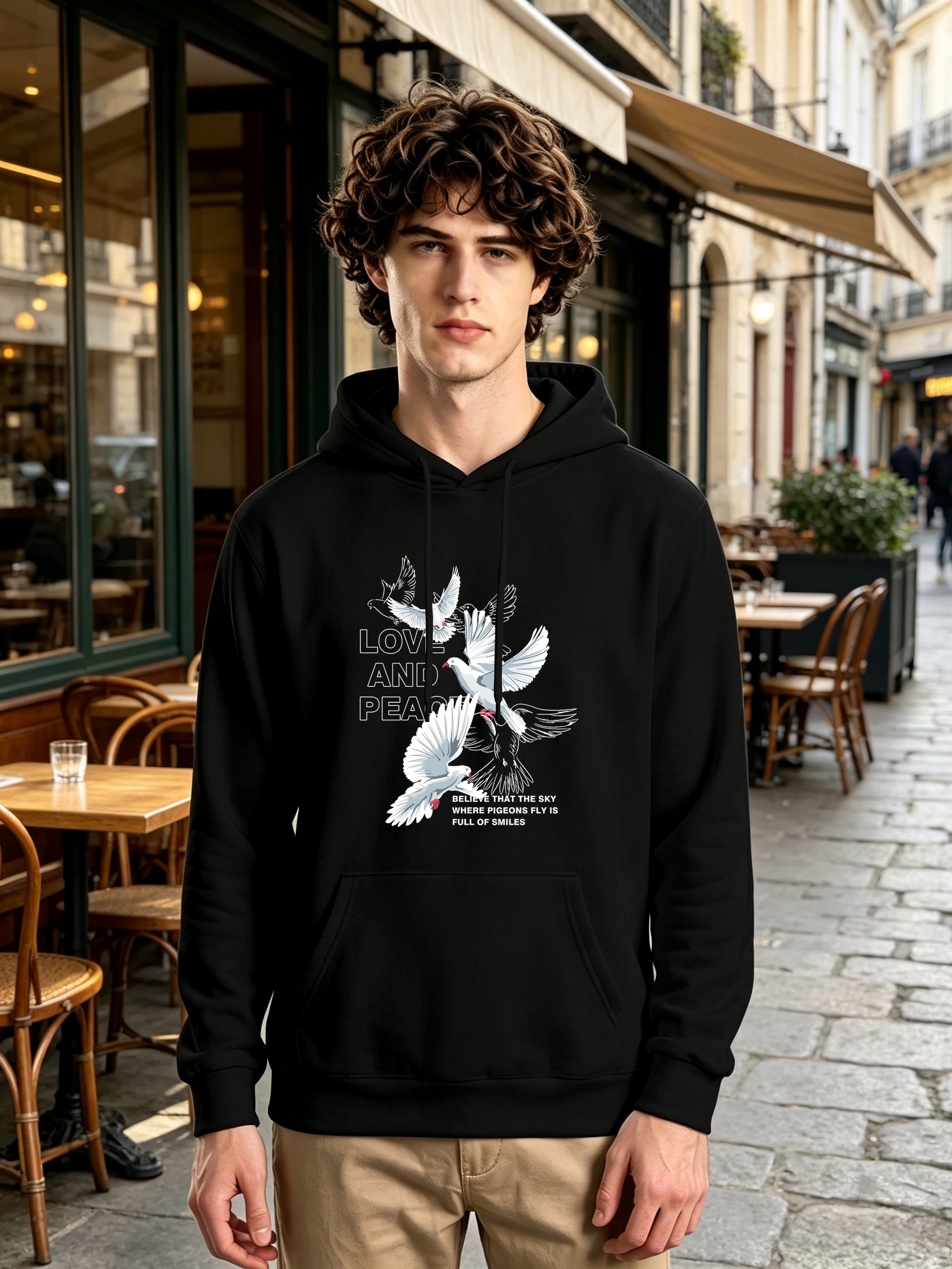 Black Graphic Print Kangaroo Pocket Hoodie