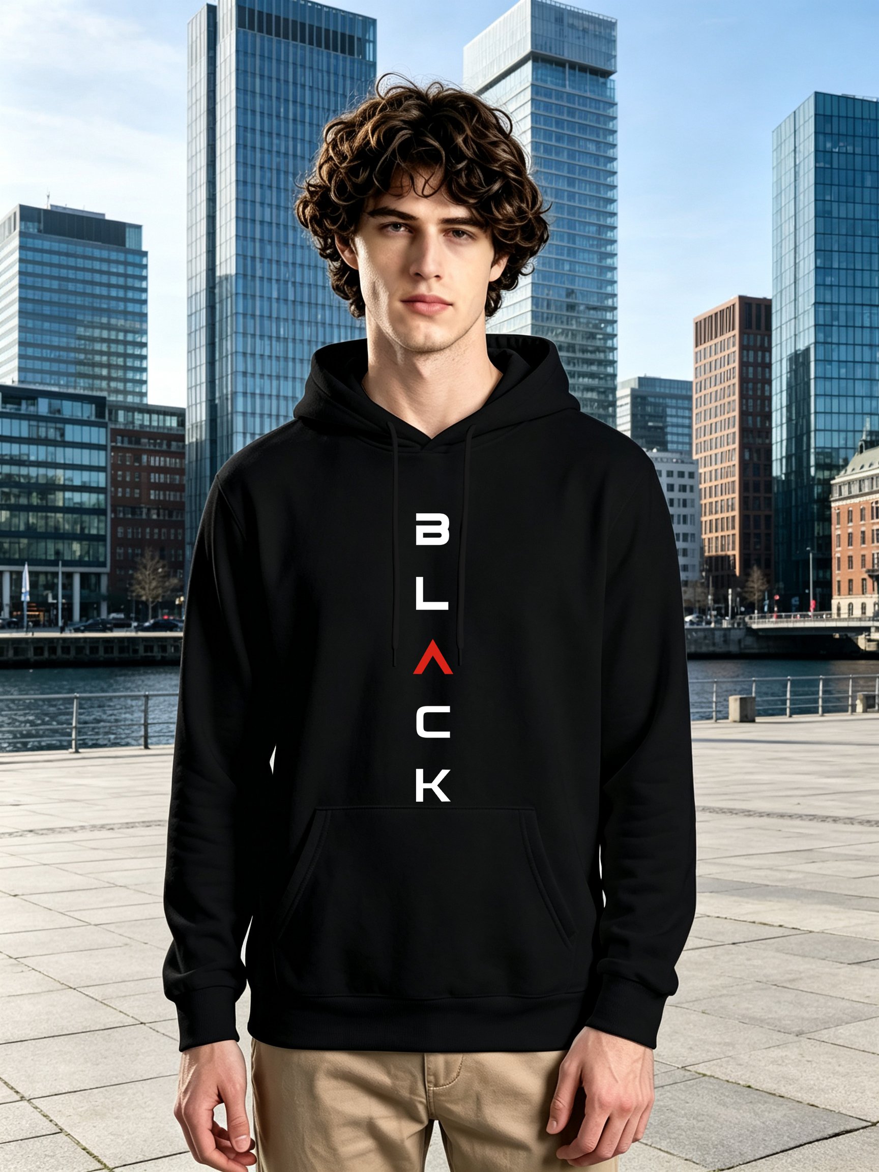 Black Graphic Print Long Sleeves Hoodie