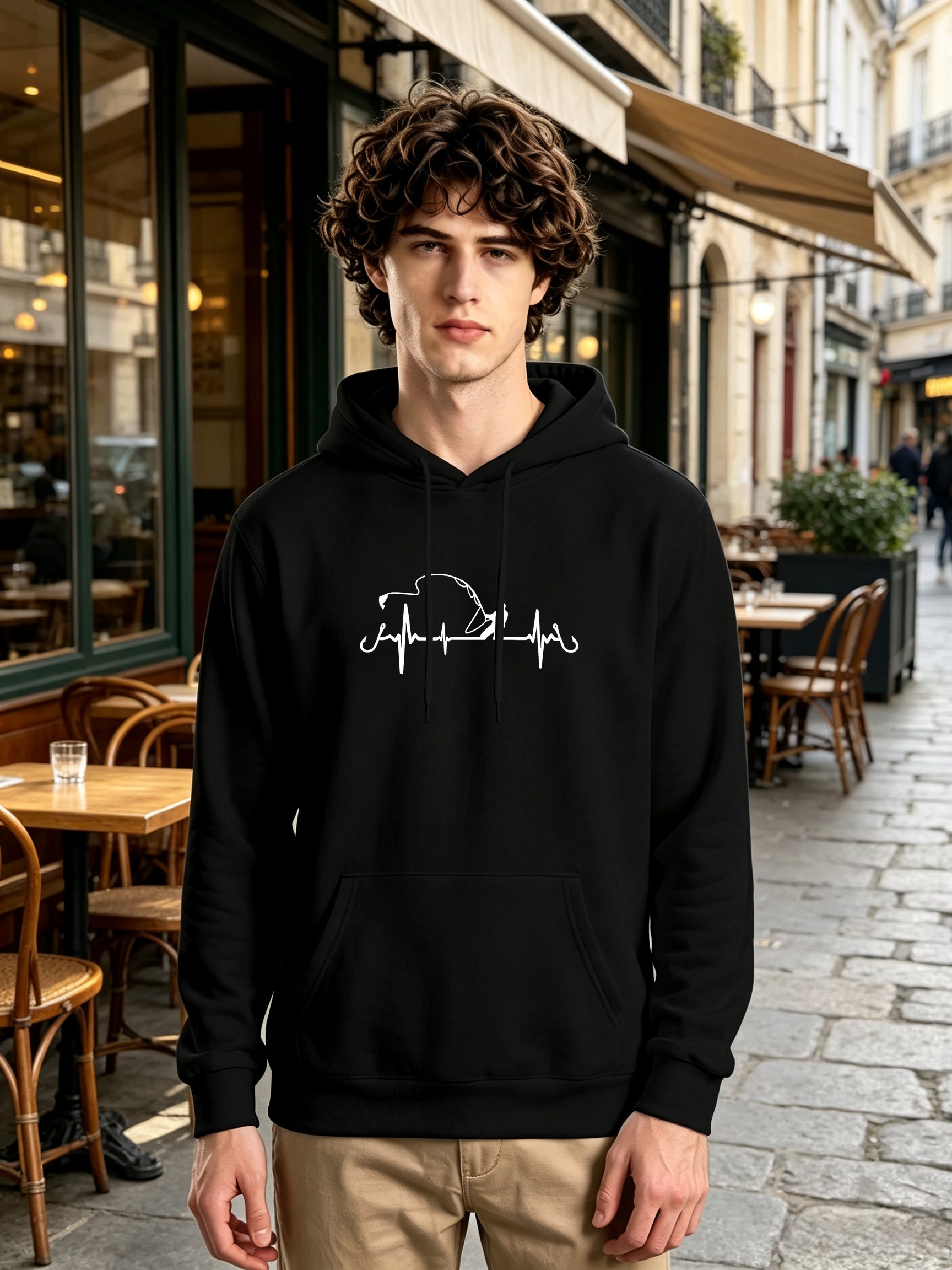 Black Graphic Print Kangaroo Pocket Hoodie