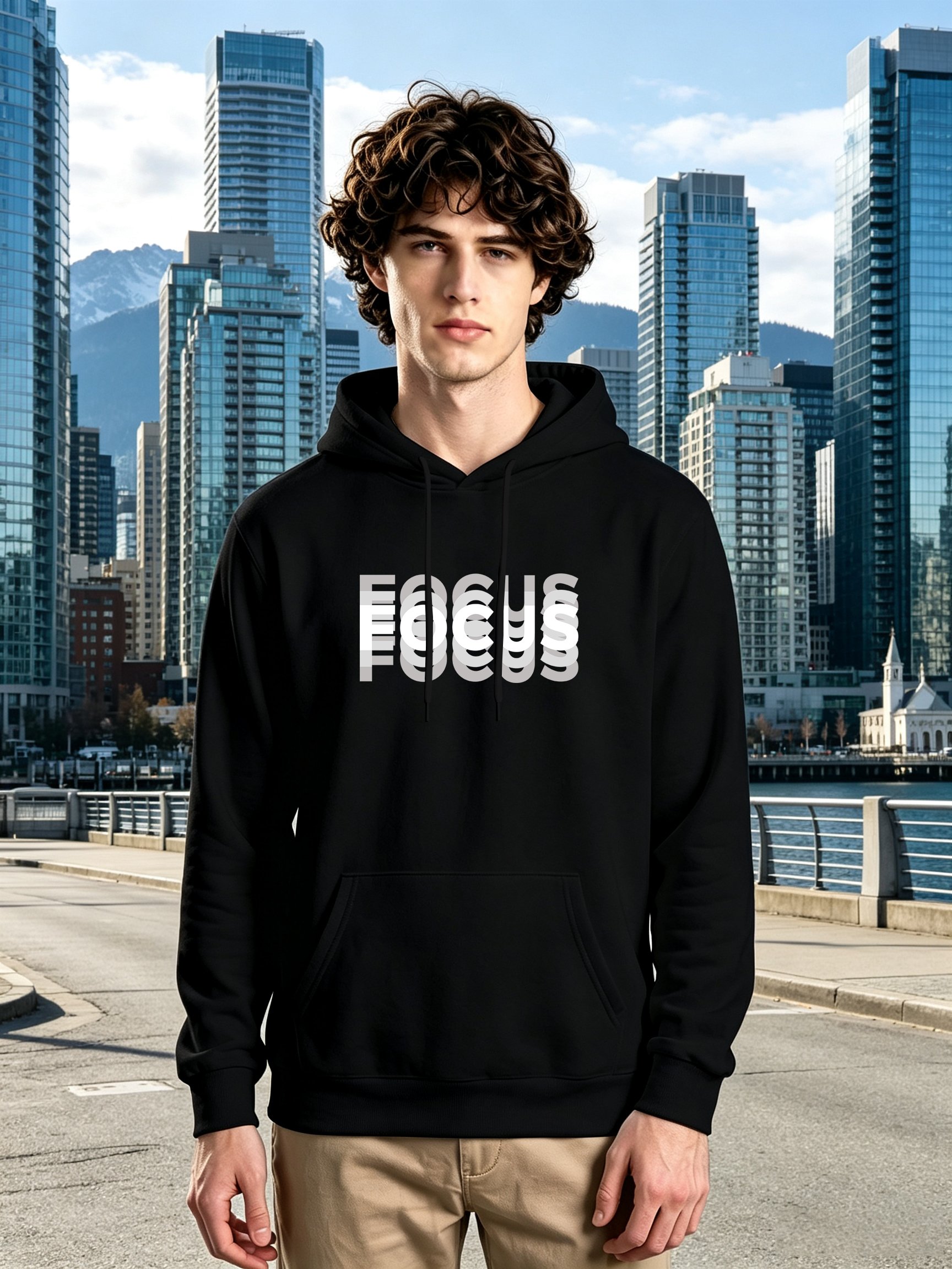 Black Graphic Print Long Sleeves Hoodie