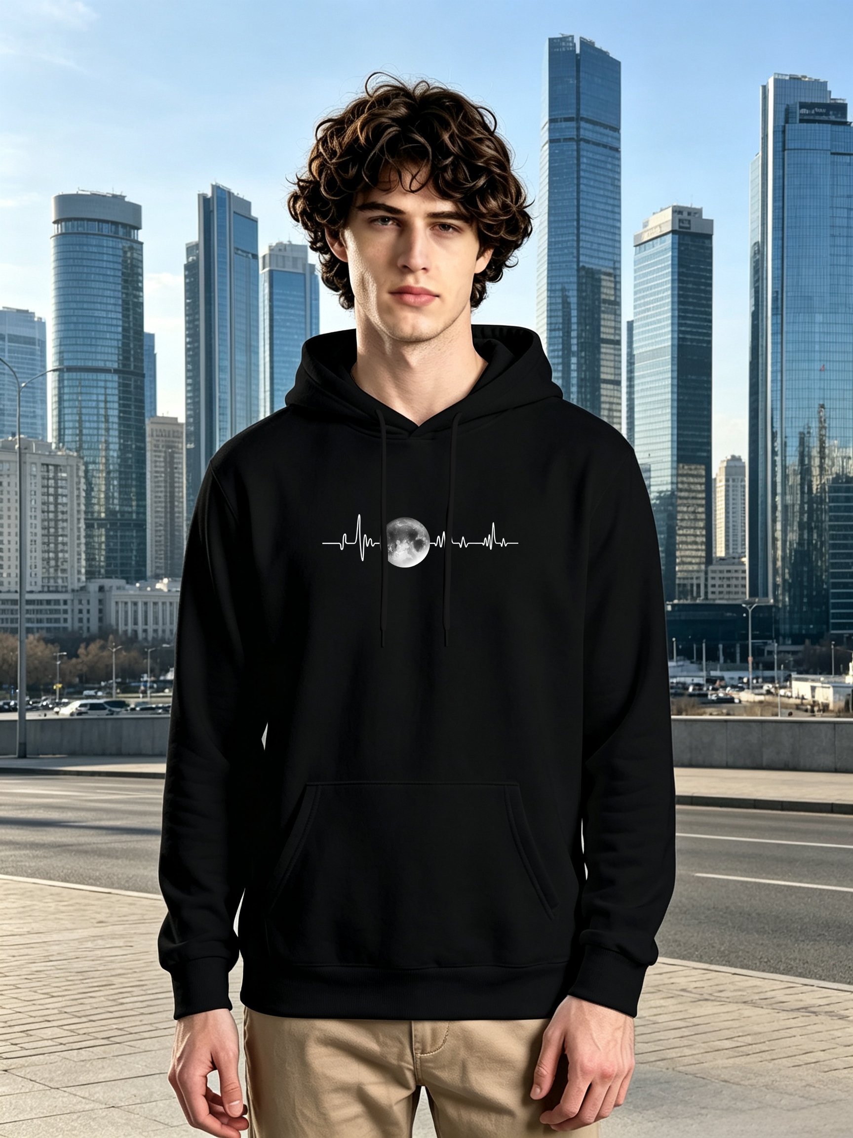 Black Graphic Print Kangaroo Pocket Hoodie