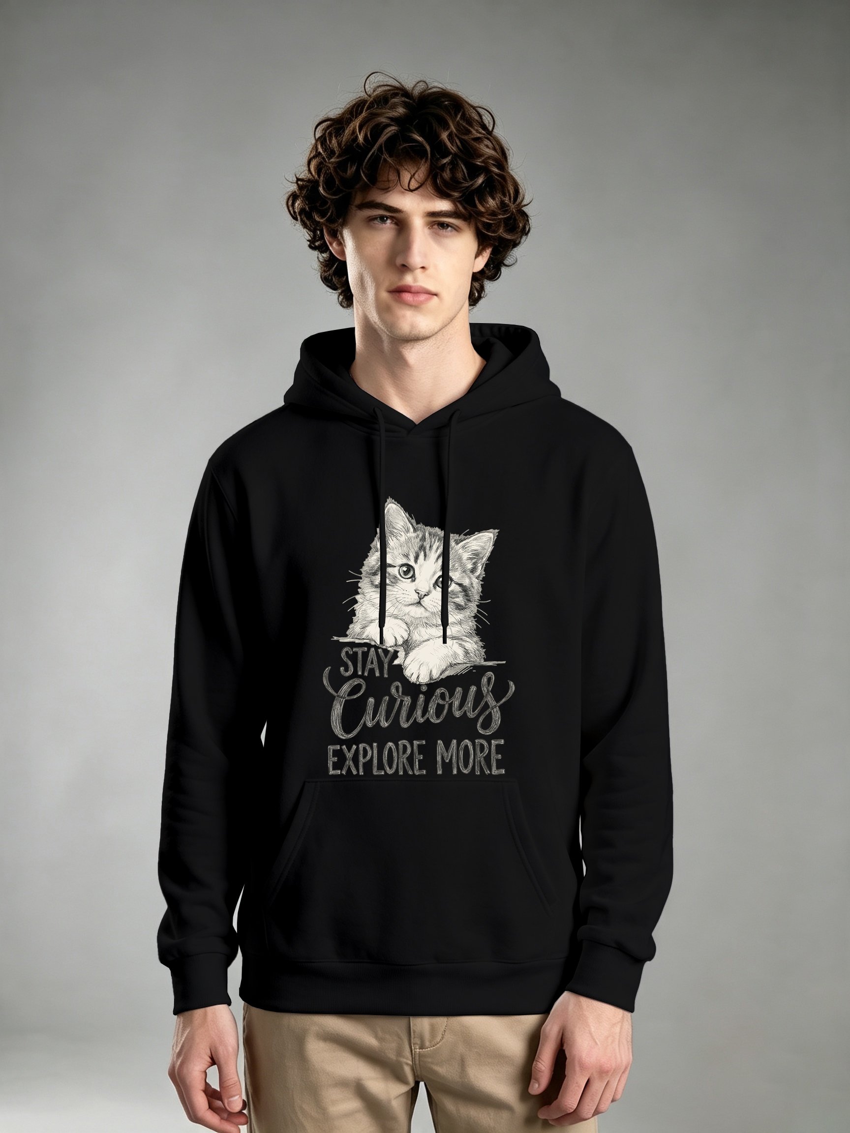 Black Kitten Print Long Sleeves Hoodie