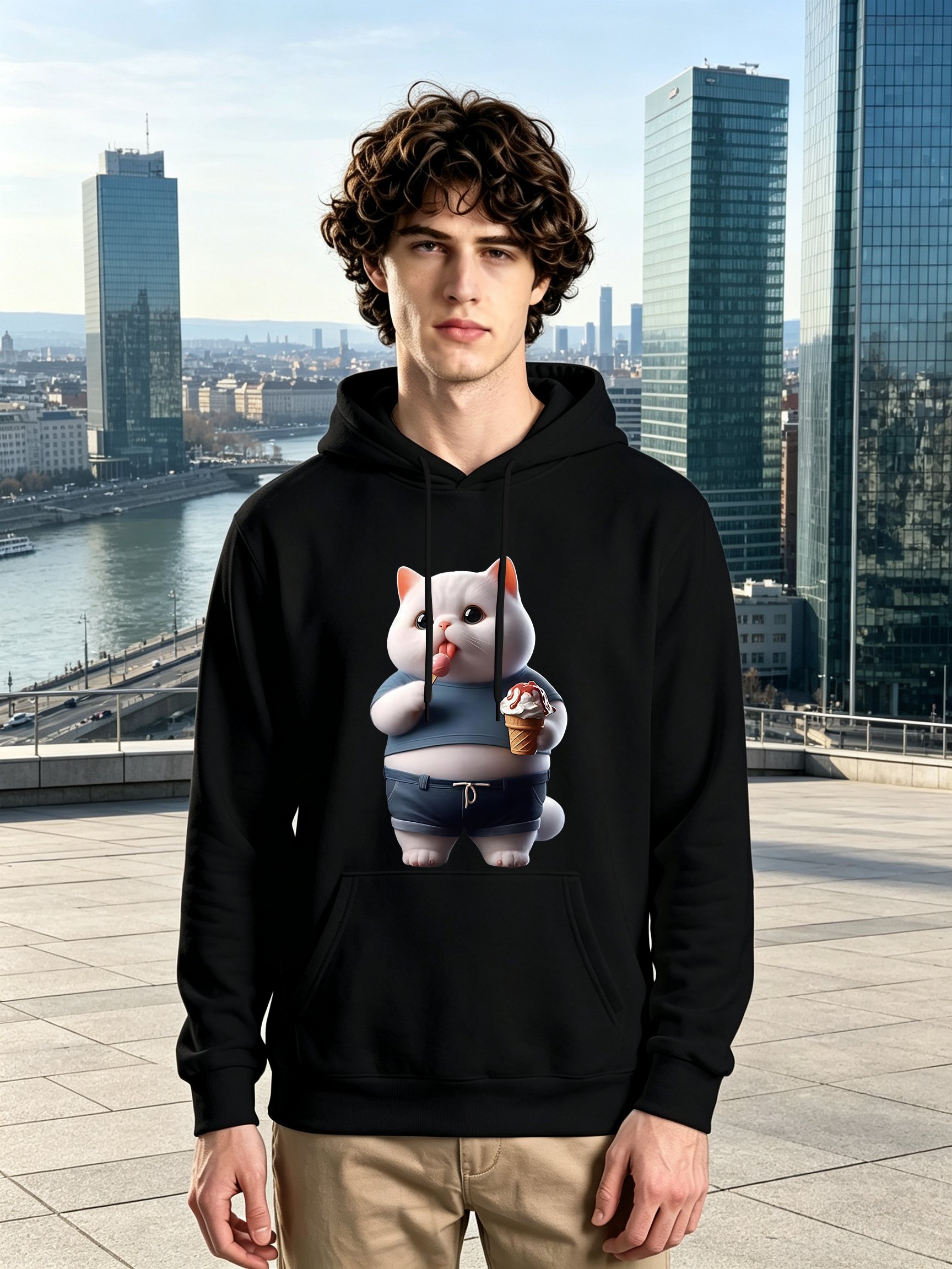Black Cat Print Long Sleeves Hoodie