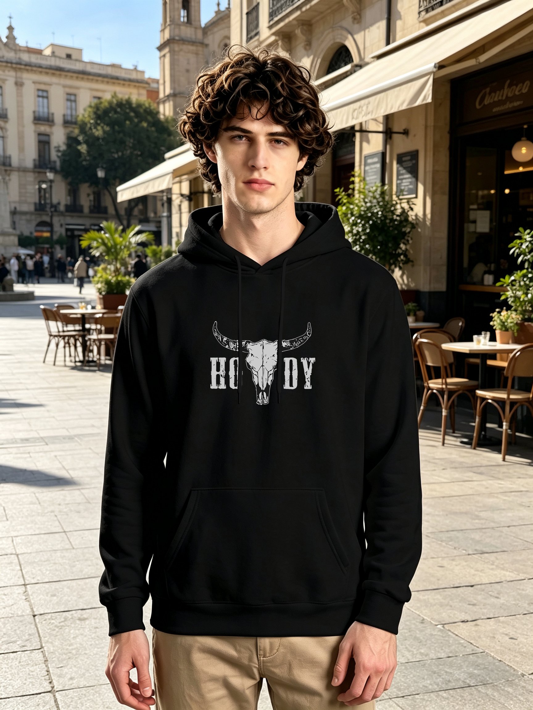 Black Graphic Print Kangaroo Pocket Hoodie